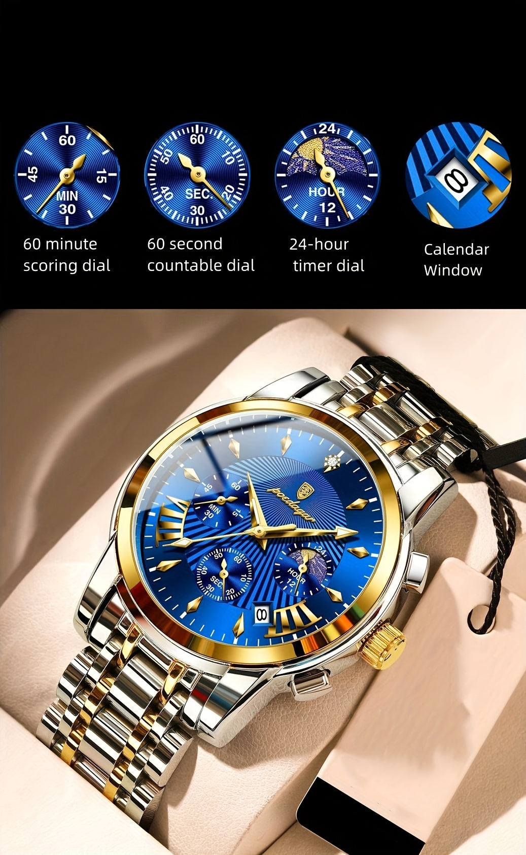 BINBOND Men'S Luxury Quartz Watch - Stainless Steel Band, Blue & Golden Skeleton Dial, Water-Resistant, Elegant Design for Casual Attire, Perfect Gift for Christmas, Valentine'S Day, or Thanksgiving, Business Watch | Stylish