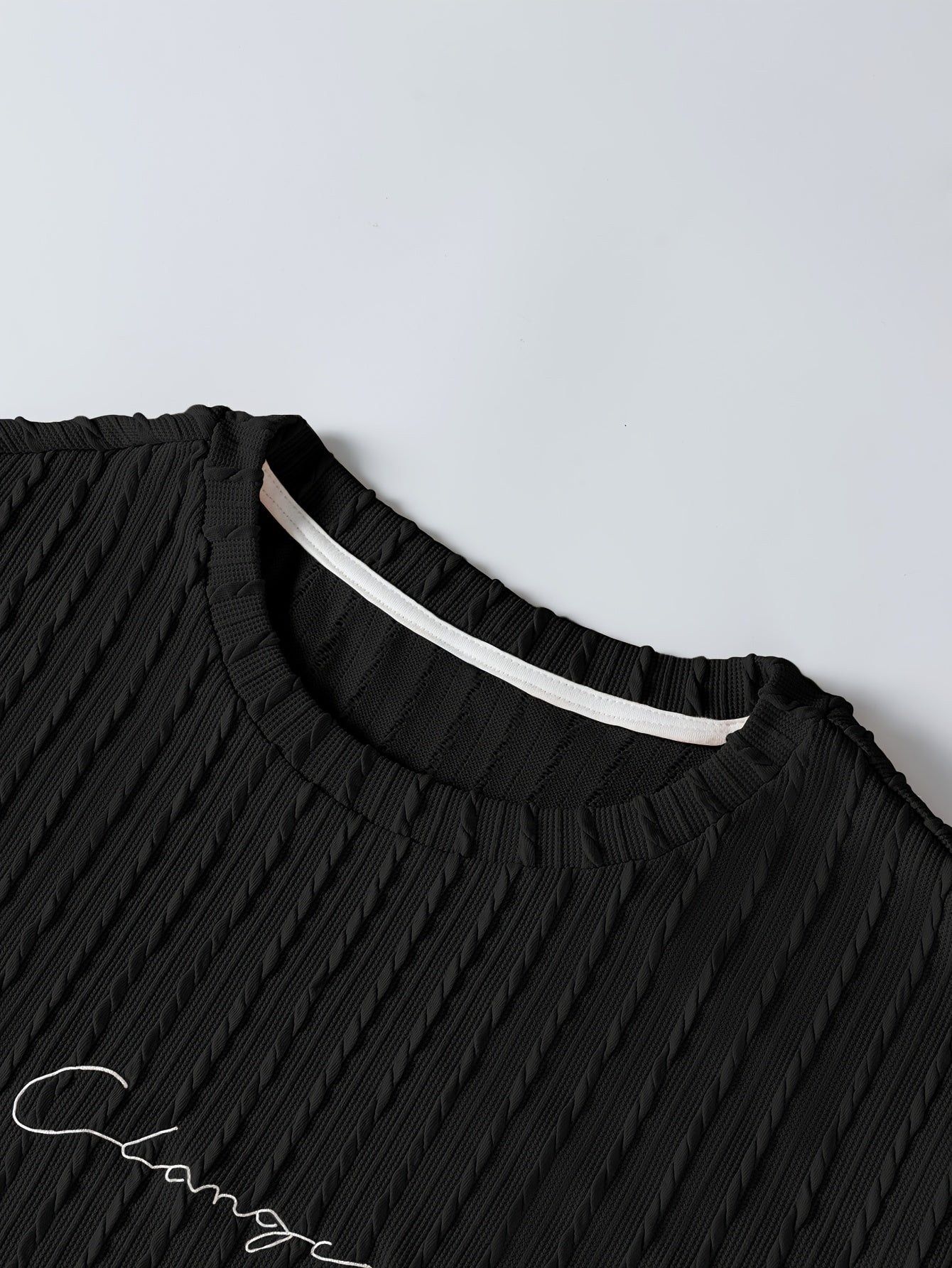 Men'S Casual Polyester Crew Neck Embroidered Alphabet Pattern Slight Stretch Knit Fabric Regular Fit Lash Sets for Spring