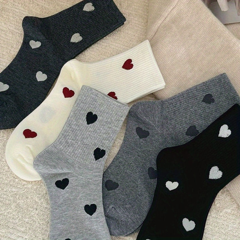 5 Pairs High-Quality Heart Socks Women's Fashionable Breathable Mid-Calf Socks