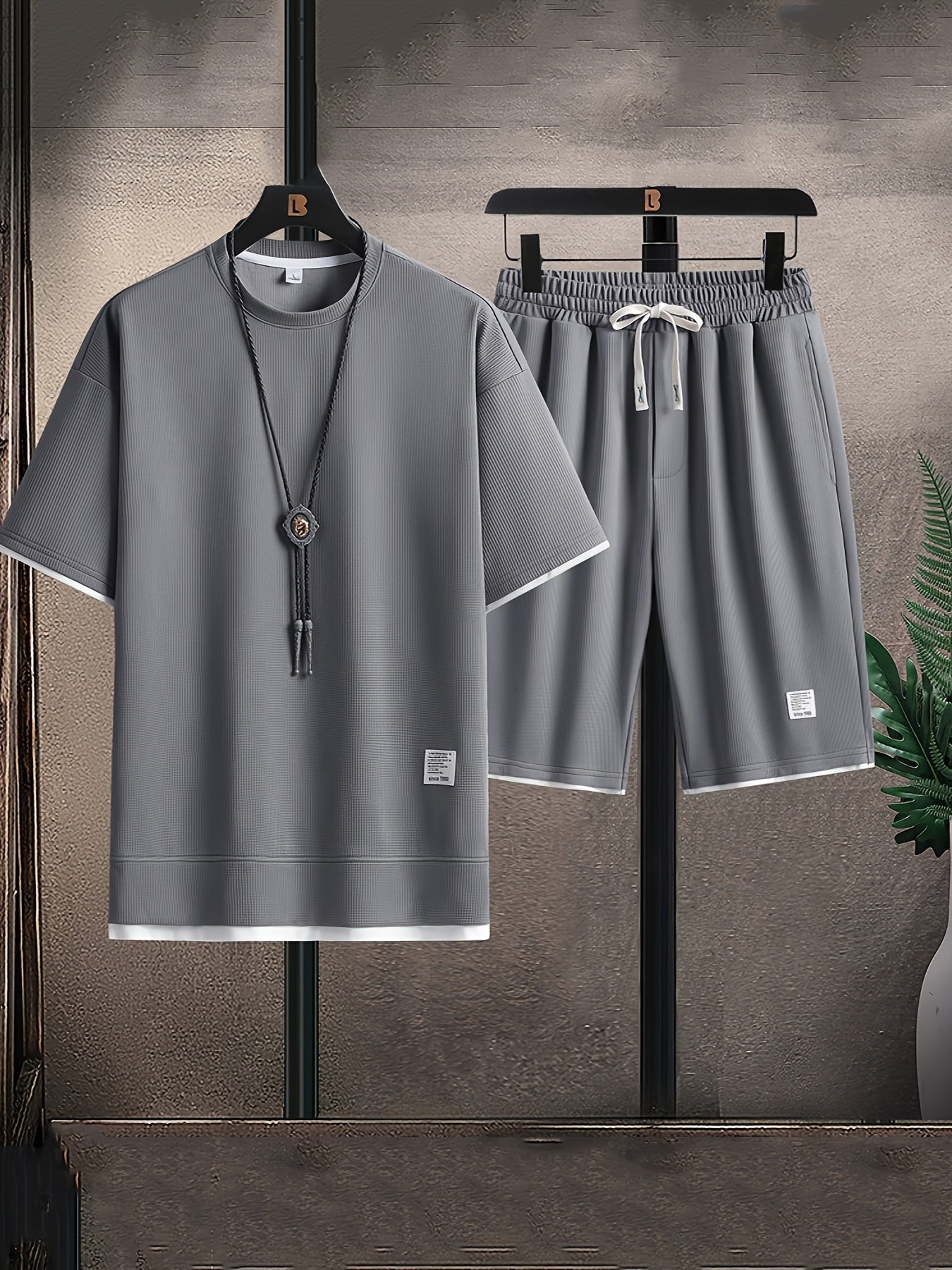 Waffle Grid Men's Trendy Round Neck T-shirt Breathable Casual Sports Suit Loose Two-Piece Set