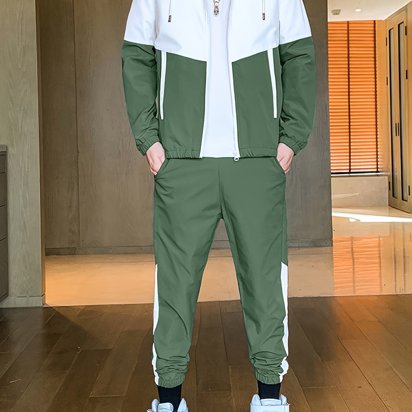 Men'S Casual Color Block Hoodie and Jogger Set, Long Sleeve, Regular Fit with Pockets, Suitable for Autumn and Winter