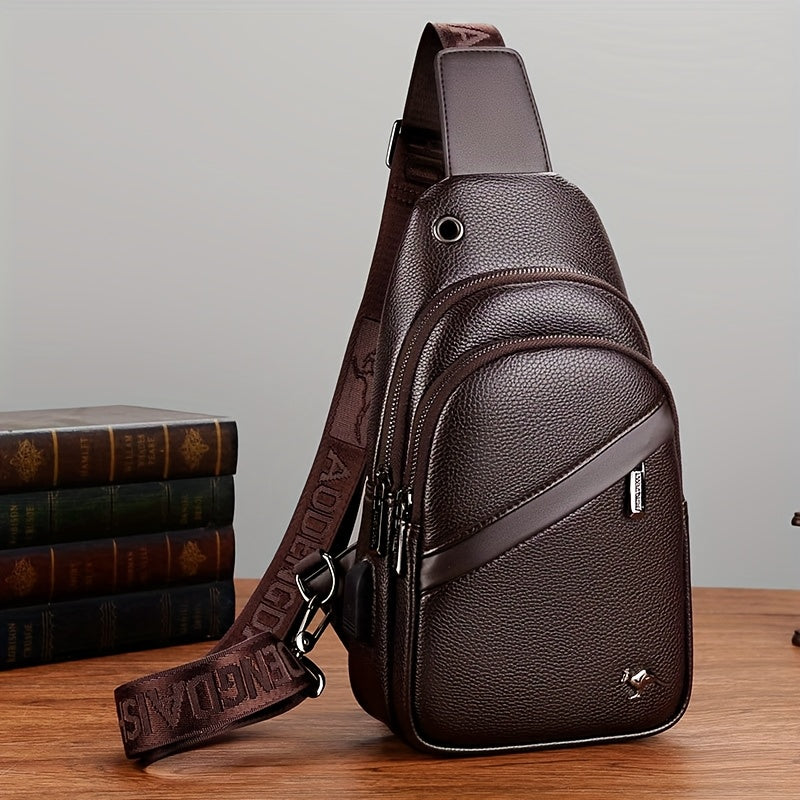 MOEPEQDAISHU Men's Synthetic Leather Crossbody Bag - Adjustable Strap, Multiple Compartments, Casual Style, Black, Perfect for Daily Commute, Casual Crossbody Bag | Modern Men's Bag | Textured Finish, Purse Crossbody