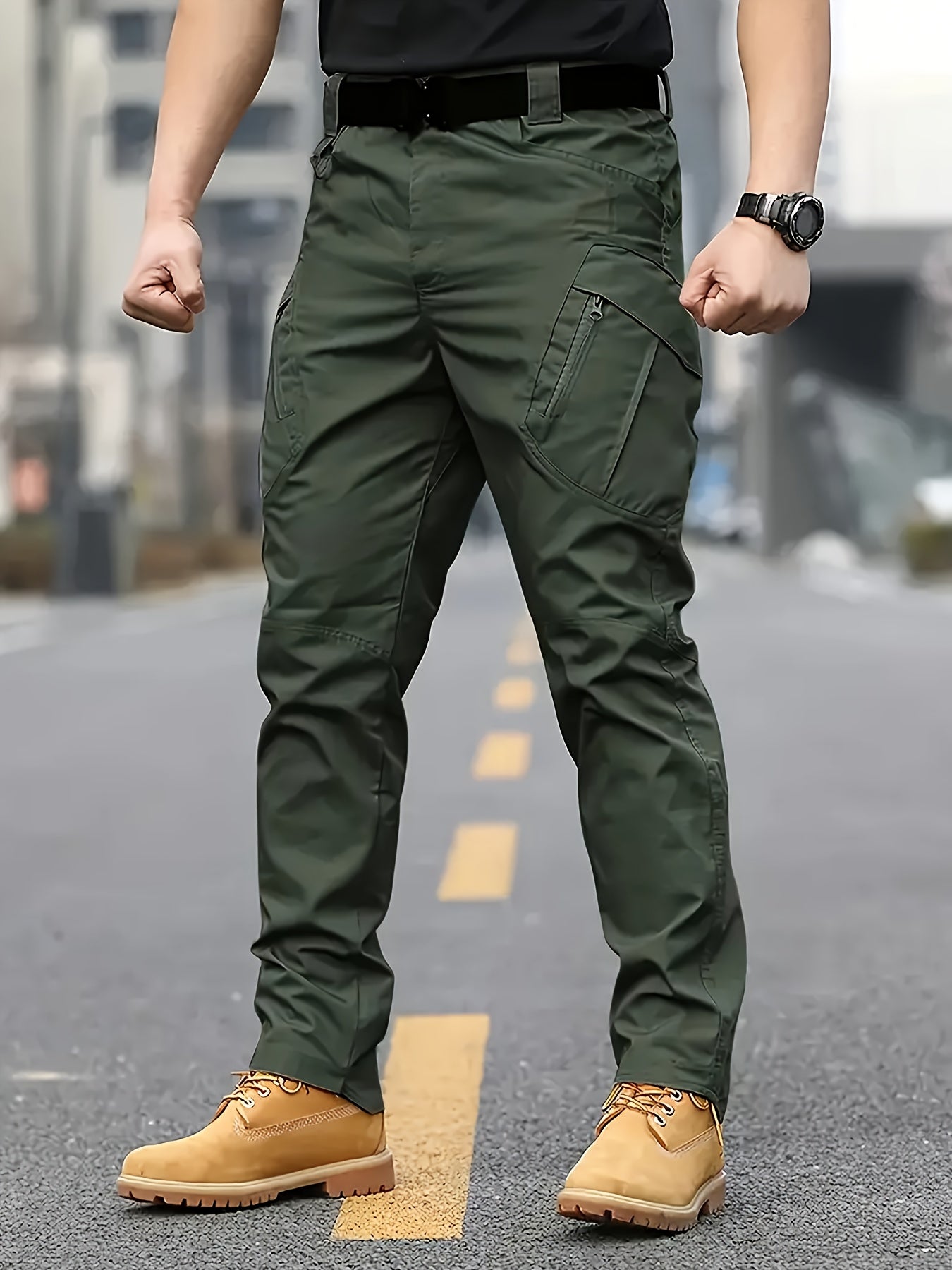 Men's Olive Green Tactical Cargo Pants - Durable Polyester, Multi-Pocket Design for Hiking & Outdoor Adventures, Machine Washable, Camping Gear