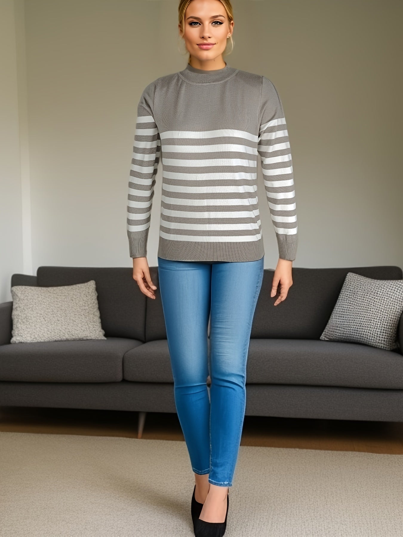 Striped Crew Neck Pullover Sweater, Casual Long Sleeve Versatile Sweater, Women's Clothing
