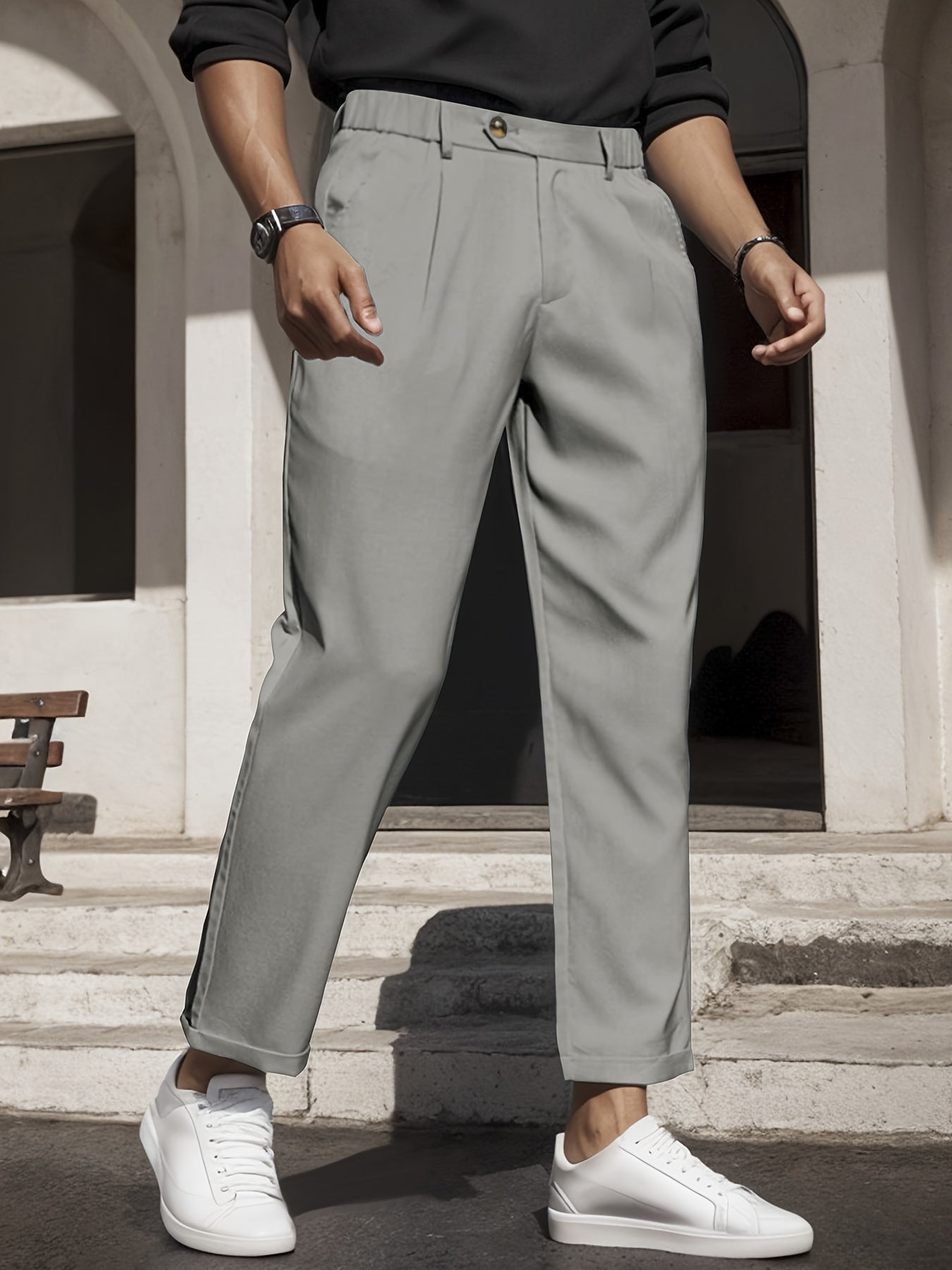 Men's Sleek Solid Color Dress Pants - Polyester, Mid-Rise with Pockets, Ideal for Office & Casual Wear in Spring/Summer, Non-Stretch Fabric