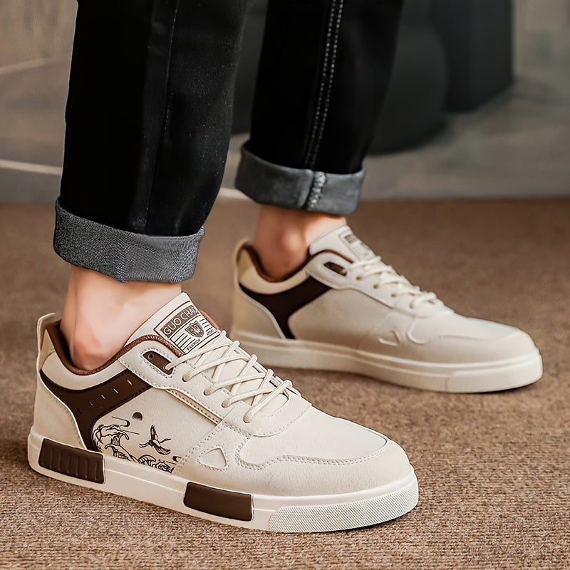 Men's Spring Collection Black and Beige Casual Sneakers - Anti-Slip, Odor-Resistant, Thick Rubber Sole for Height Boost, Lace-Up Sports Shoes with Fish Design