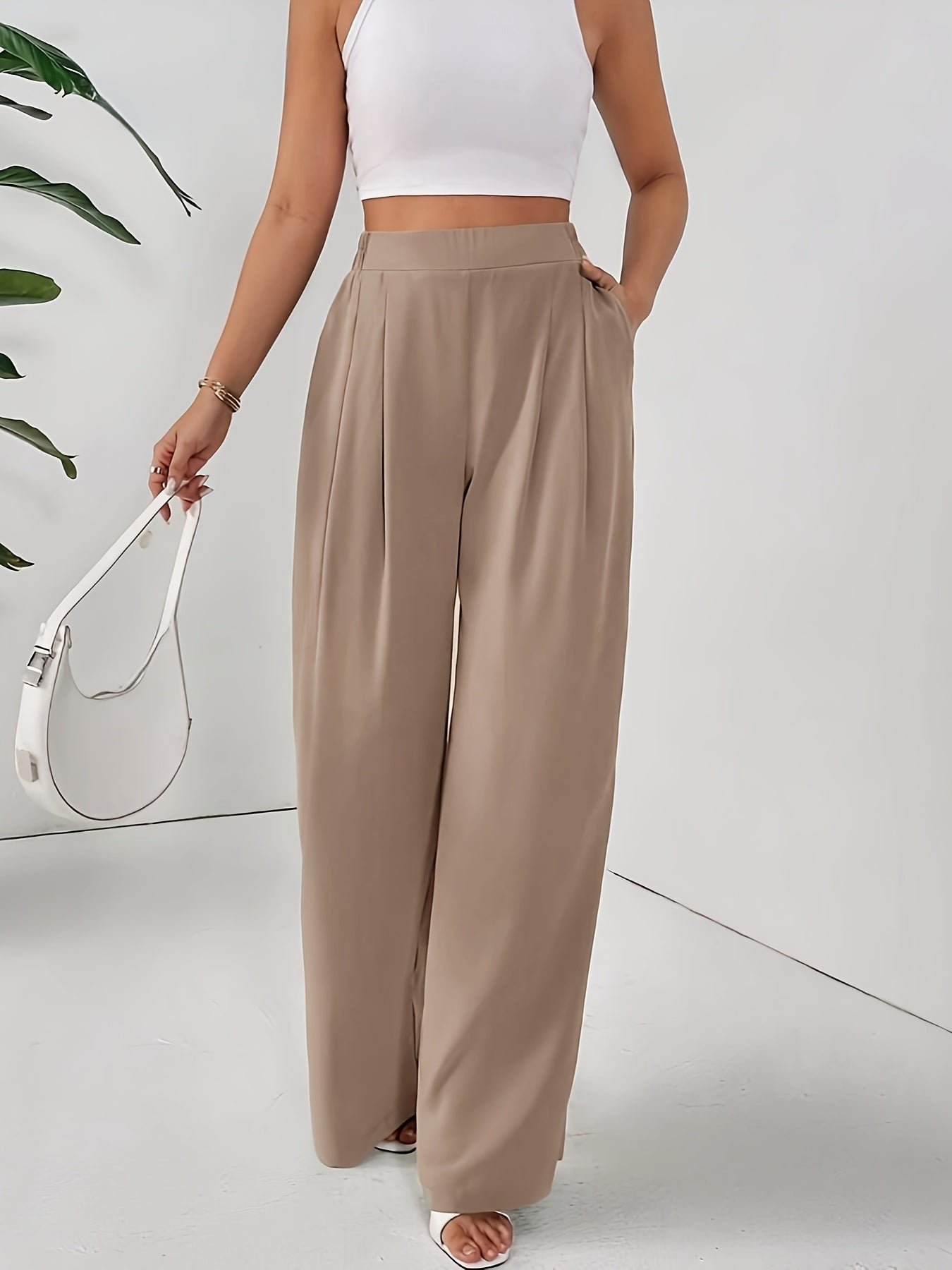 Women'S Stylish Gray Wide Leg Pants with Elastic Waistband and Double Pockets - Perfect for Office, Commuting, or Casual Wear