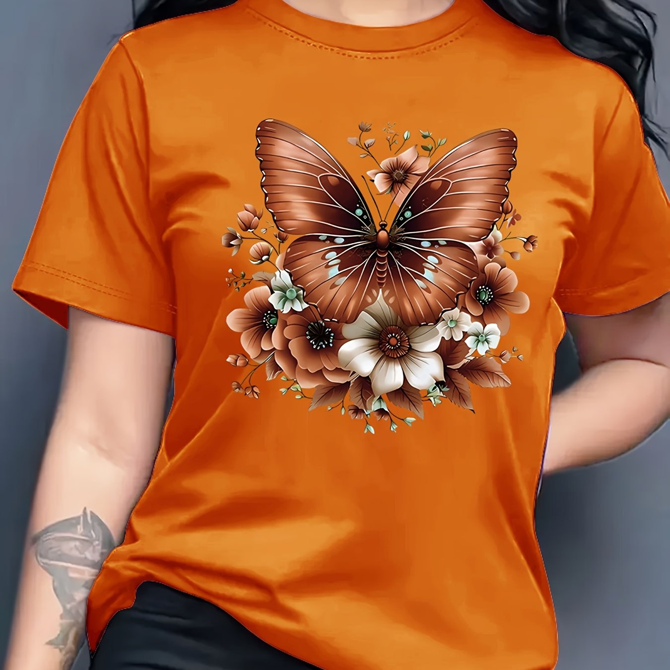 Women'S Floral Butterfly Print T-Shirt, Short Sleeve Crew Neck Casual Top for Spring & Summer, Vibrant Green with White & Blue Flowers, Perfect Birthday or Holiday Gift, Everyday Fashion | Vibrant Casual Top | Glossy Texture