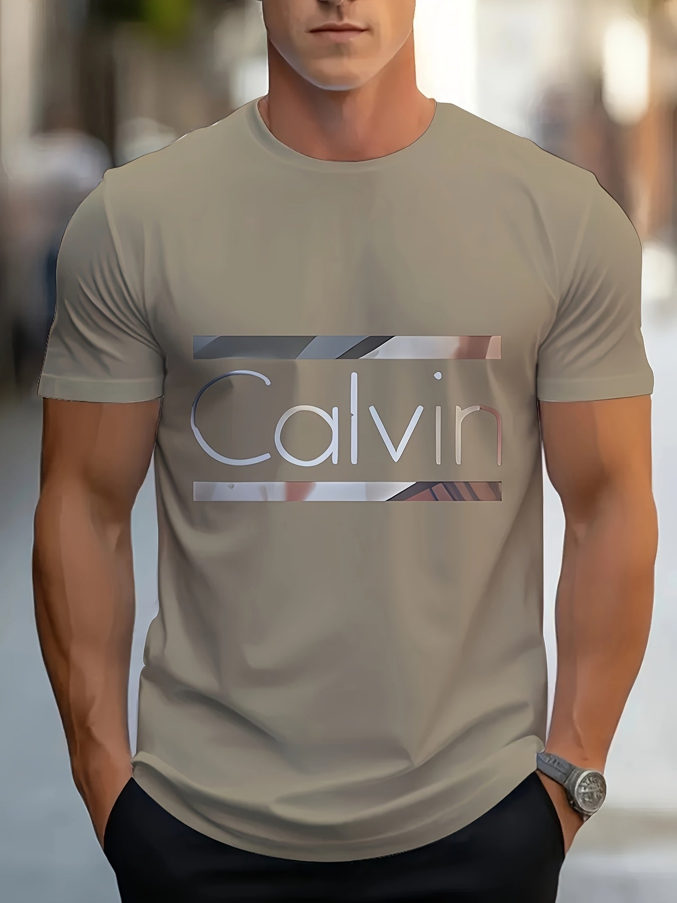 Men'S "Calvin" Graphic T-Shirt - Casual 3D Print Letter Tee with Geometric Design, Short Sleeve, Round Neck, Light Blue, Perfect for Summer, Everyday & Sportswear, Casual Wear Tee | Modern Casualwear | Comfortable Fit
