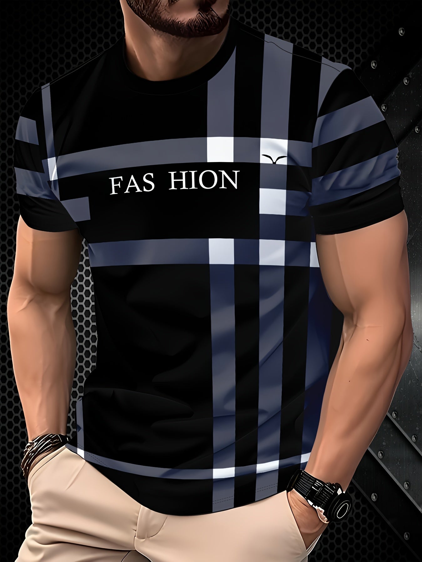 Men'S Casual "FAS HION" Graphic T-Shirt - Black & Blue Plaid, Short Sleeve, Round Neck, All-Season Comfort Fit, Casual Attire | Plaid Pattern Top | Comfortable Fit Shirt