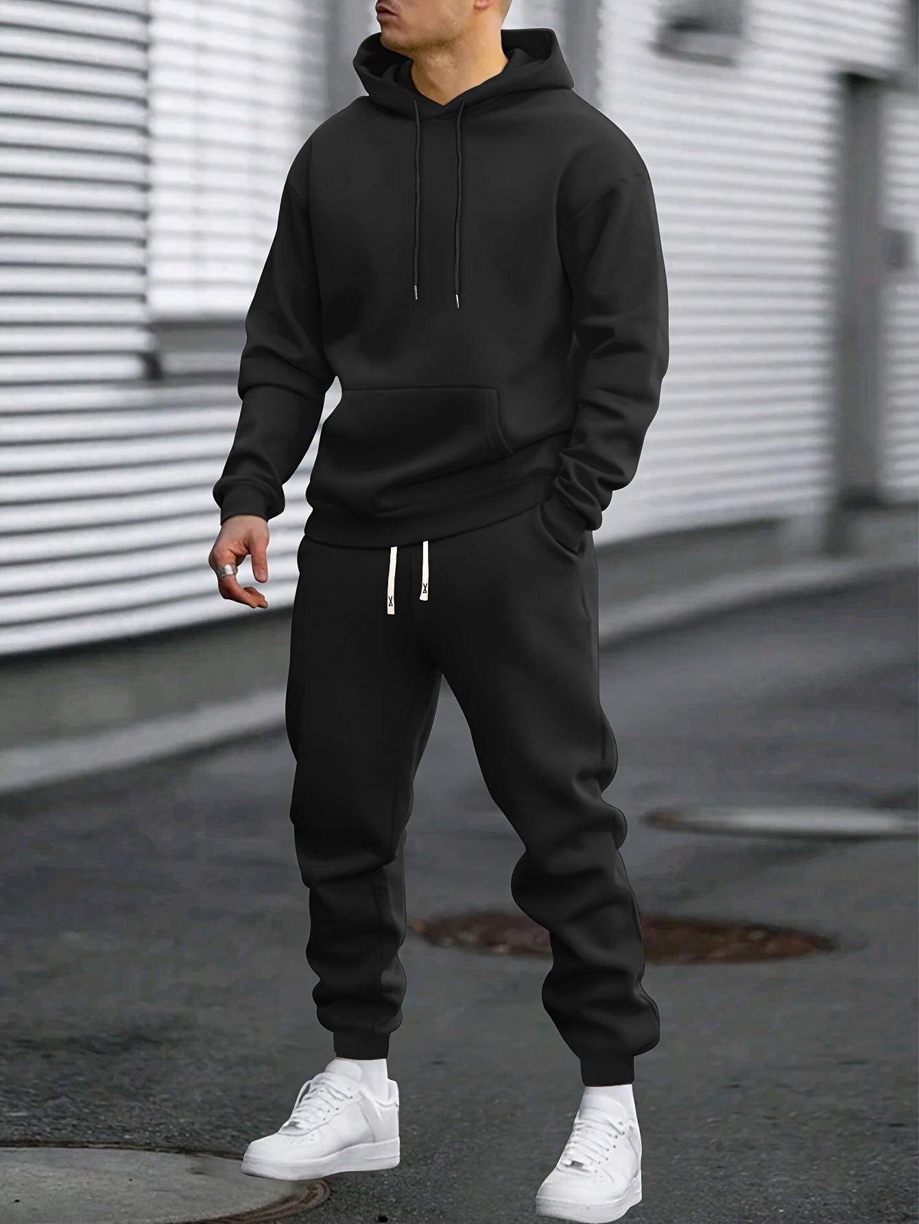 1set Men'S Casual Sports Suit, Polyester Hooded Sweatshirt and Jogger Pants Set, Solid Color, Elastic Waist, Cuffed Ankles, Knit Pullover with Pockets, Regular Fit for Outdoor Running and Jogging - Spring/Autumn Collection