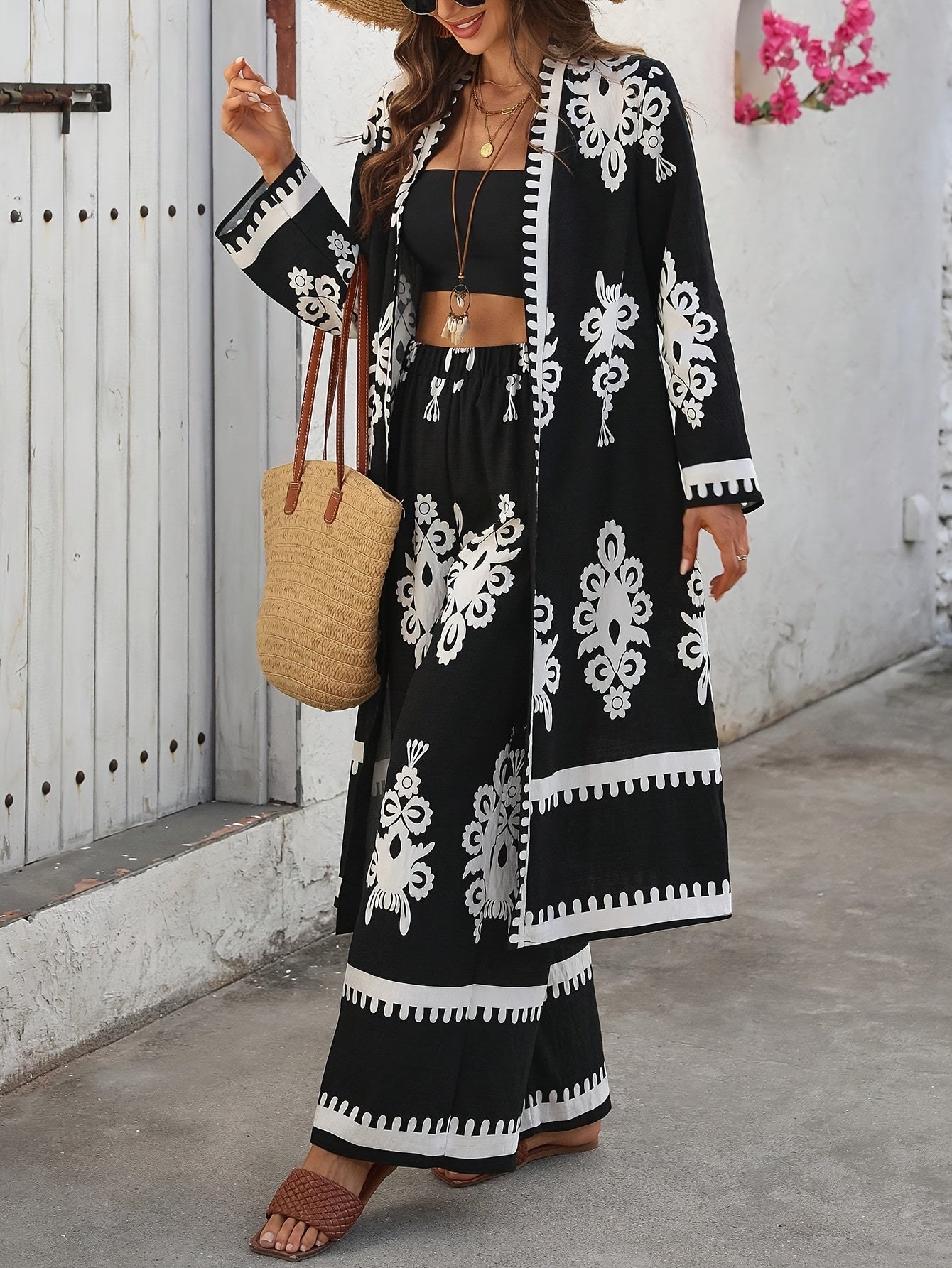 Women's Floral Print Kimono 2pcs Set