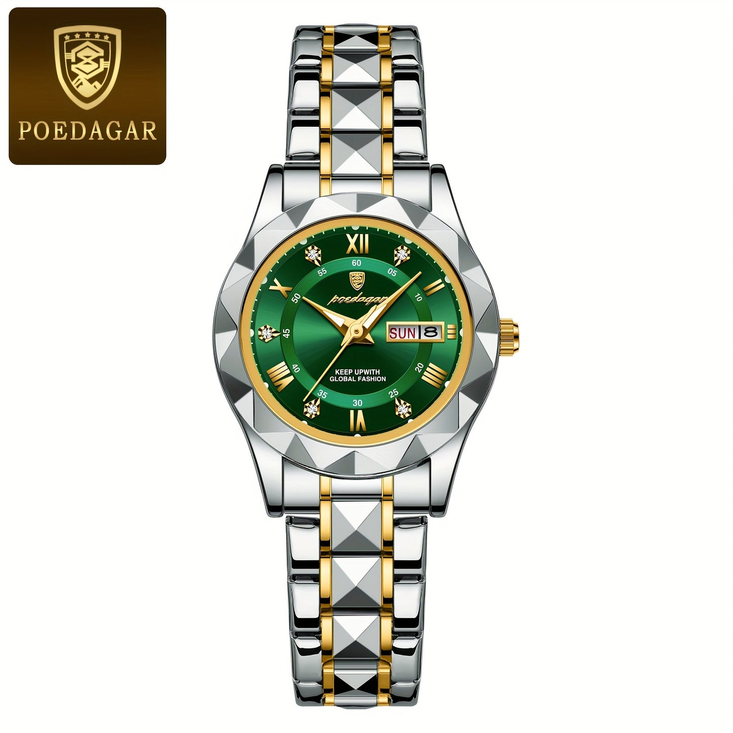 POEDAGAR Women's Elegant Stainless Steel Quartz Watch with Luminous Blue Dial, Roman Numerals, Date Calendar, IPX7 High Quality & -Accented Band for Casual & Formal Wear