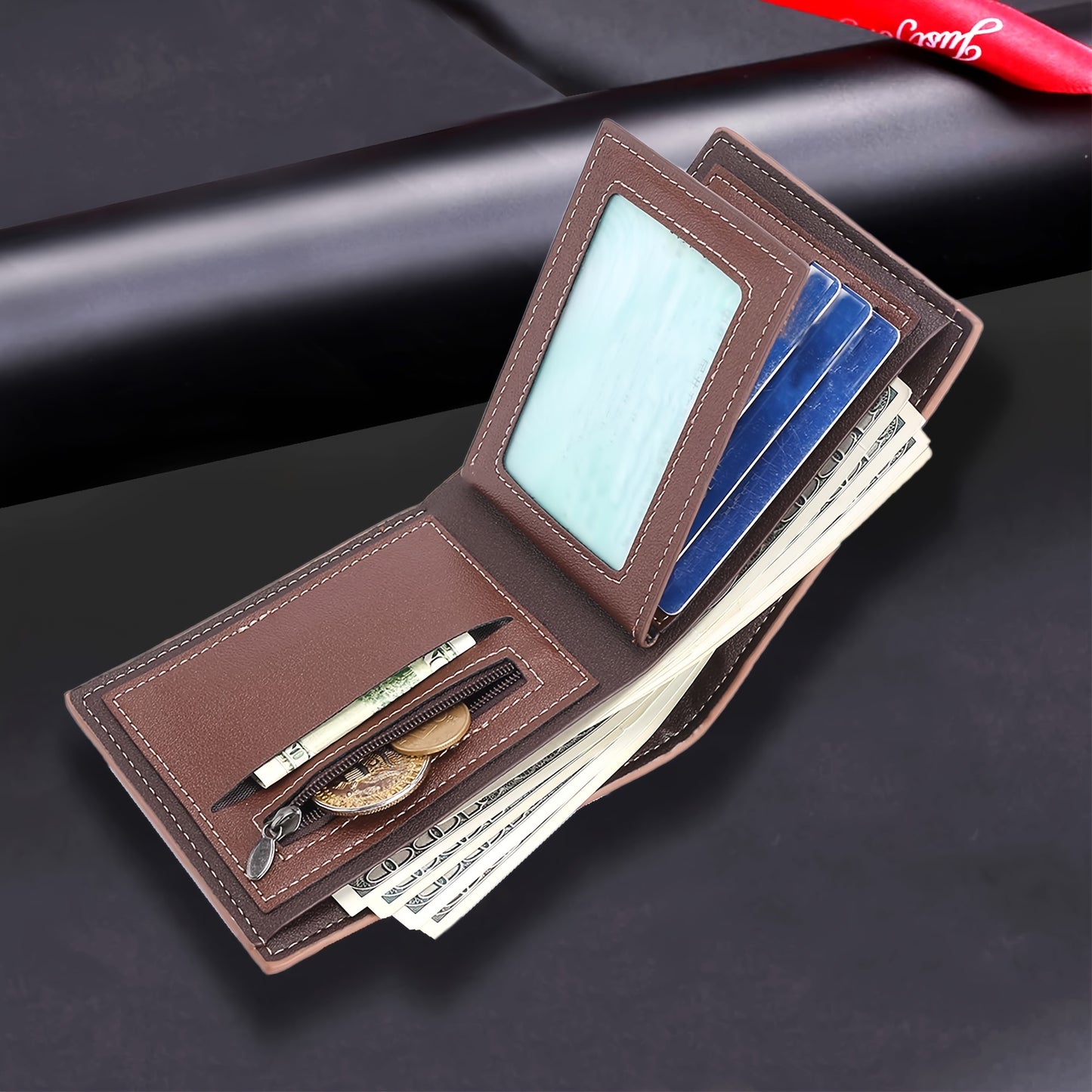 Men's Vintage-Style Black Faux Leather Wallet with Zipper - Multiple Card Slots, Multi-Functional ID Holder