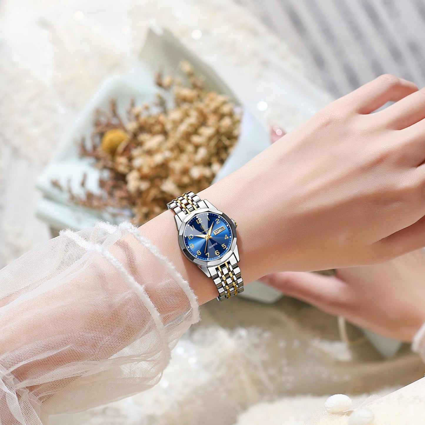Elegant Women'S Quartz Watch with Date Display - Waterproof, Durable Zinc Alloy Case & Stainless Steel Band, Golden-Tone Dial, Ideal for Casual Attire & Gifting, Waterproof Watch | Elegant Timepiece | Quartz Movement