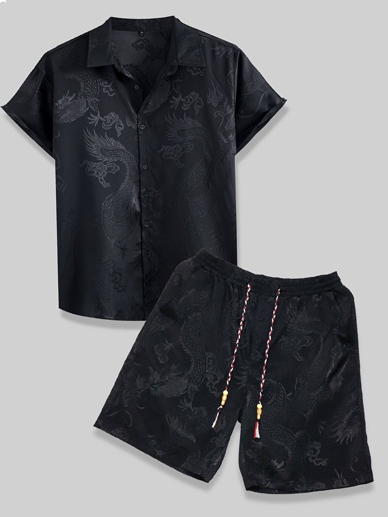 HZCX FASHION Men'S Vintage Summer Beachwear Set - Casual Button-Up Shirt & Drawstring Shorts with Traditional Dragon Design, Non-Stretch Fabric, Regular Fit, Perfect for Casual Attire, Summer Apparel | Casual Beachwear | Draw