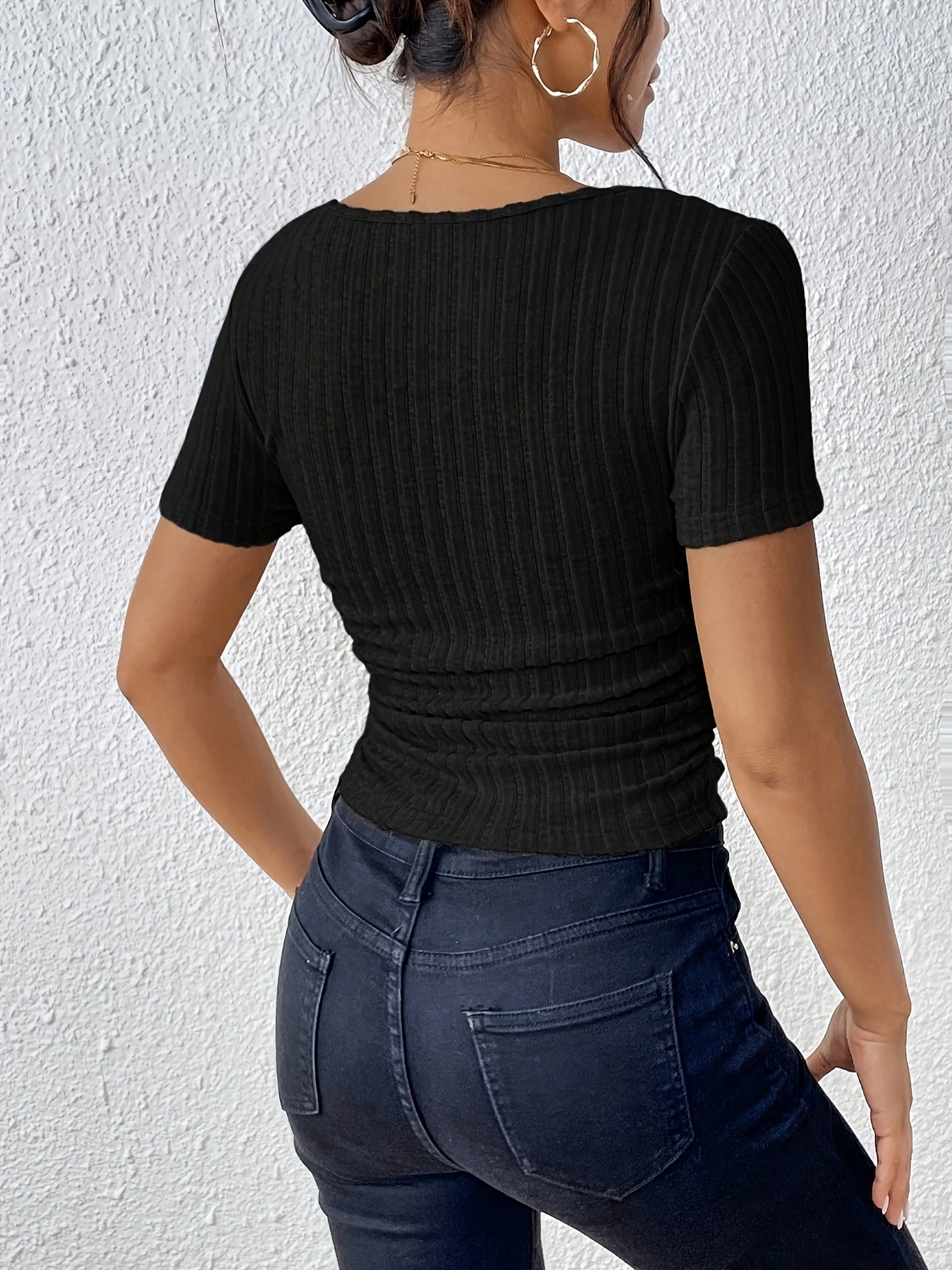Elegant French Square Neck Ruched Side T-Shirt - Black, Stretchy & Machine Washable, Perfect for Spring/Summer, Casual Chic Style, Ladies T Shirts