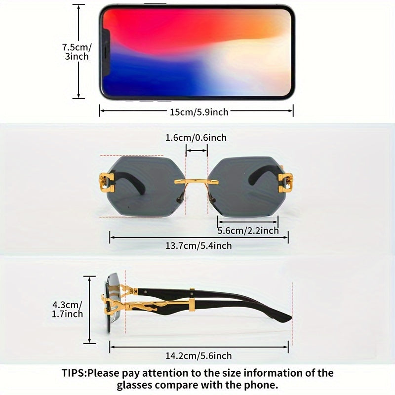 1pc Retro Frameless Glasses for Men & Women, Irregular Shaped PC Lens, Metal Hinge, Climbing Sports, Imitation Wood Grain, Fashionable Decorative Eyewear, Suitable for Daily Wear & Holiday