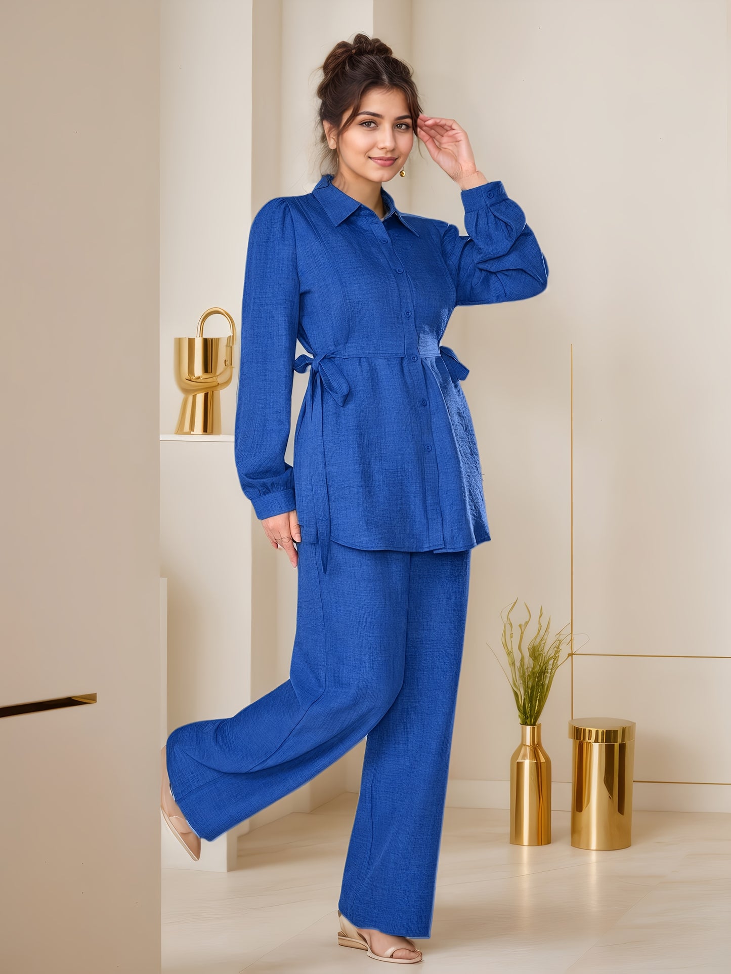 Two-Piece Abaya Set with Wide-Leg Pants, Long Sleeve Design with Back Tie, Suitable for Office and Daily Wear, Soft and Stretchable Fabric, Elegant Middle Eastern Style, Comfortable, Machine Washable, Practical and Stylish