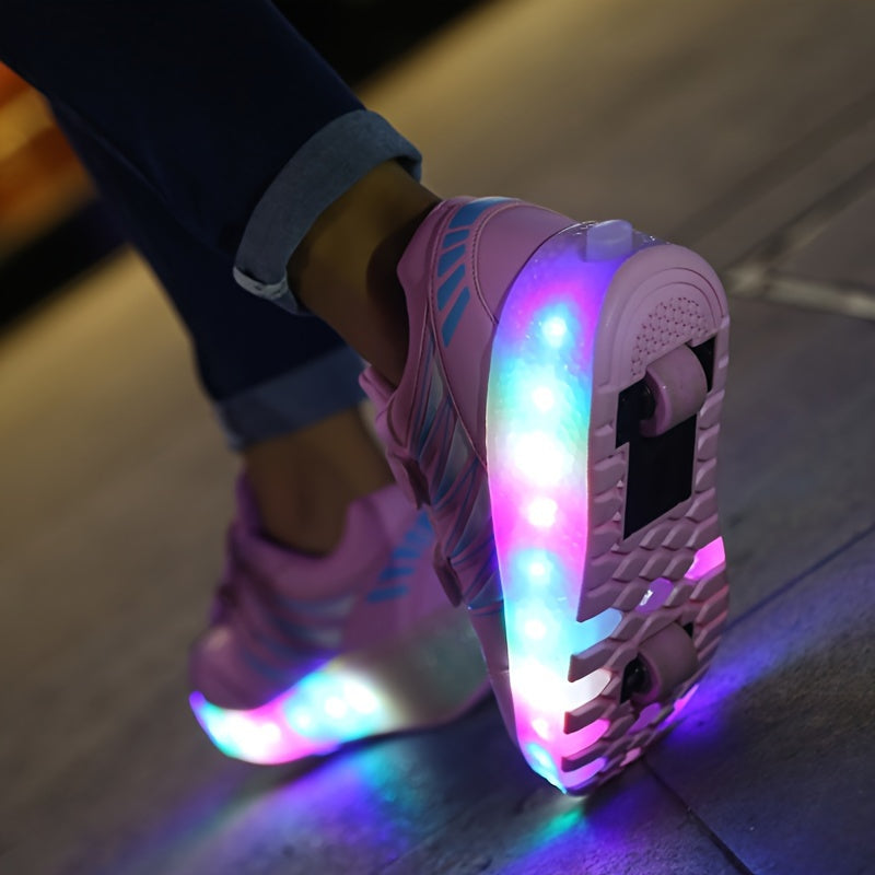 New Trendy Breathable Two-Wheeled Roller Shoes with LED Lights for Boys And Girls, Suitable for Outdoor Sports And Skating.