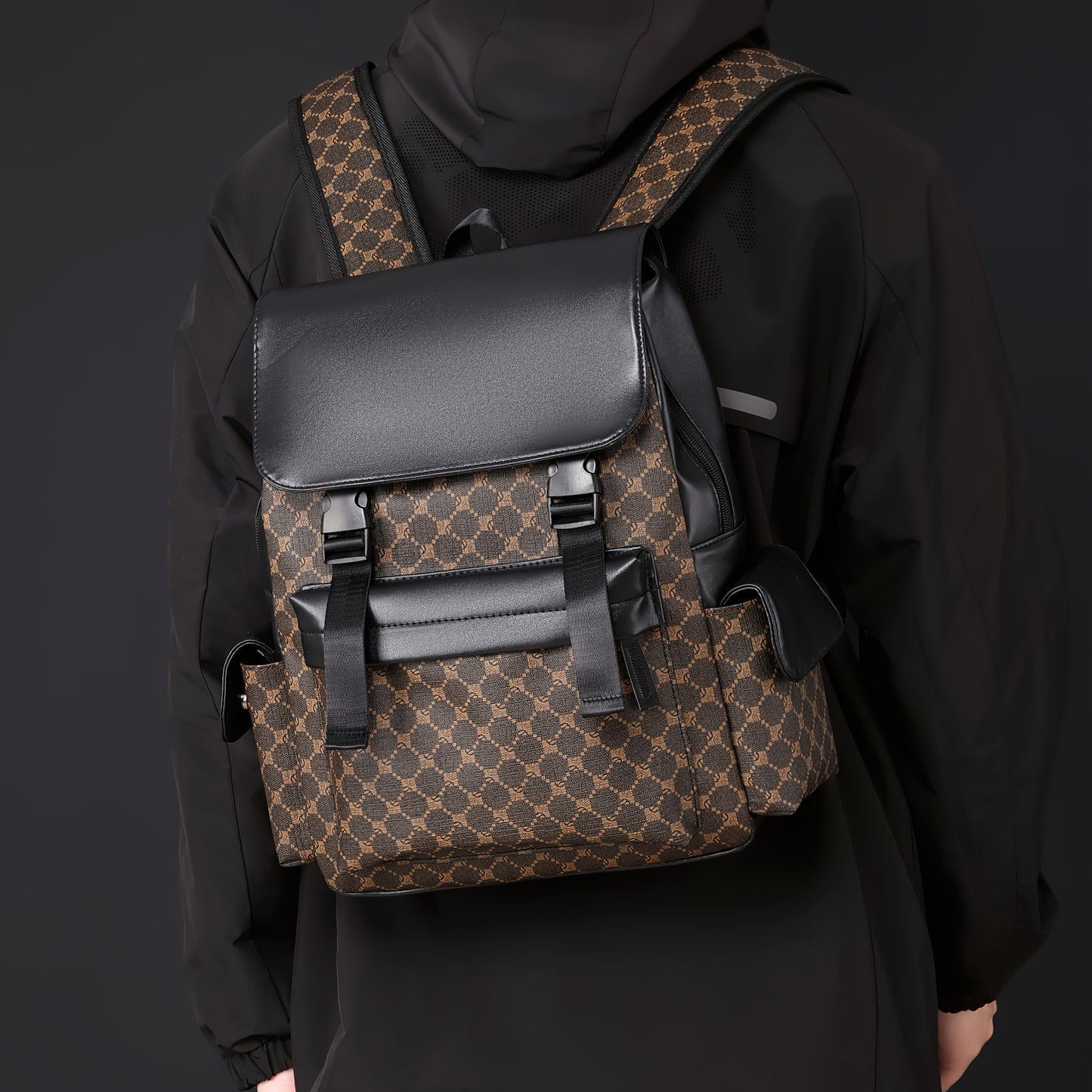 Men'S Stylish Black & Brown Gingham Print Backpack - Versatile Commuter Bag with Multiple Pockets, Adjustable Straps, and Golden-Tone Hardware for Work, Travel, and Study, Travel Backpack | Gingham Pattern | Synthetic Backpac