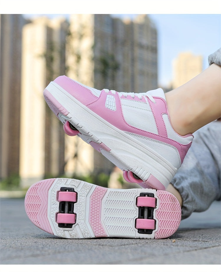 Kids Unisex Skateboard Shoes, 8-Wheel Removable Roller Skates, Plaid Fabric Low Top Sneakers, Lace-Up, TPR Sole, Fabric Insole, for Hiking & Casual Wear, Suitable for Boys & Girls Ages 14 and Under, All-Season
