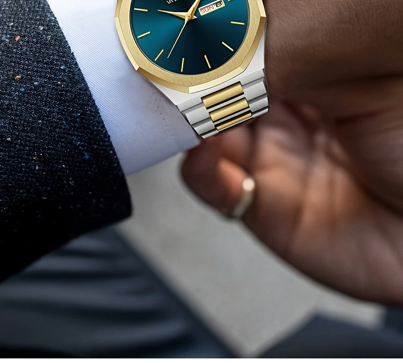 1pc Men'S Luxury Business Style Watch - Blue & Golden Stainless Steel, 42mm, Dual Calendar Quartz Movement, VA VOOM Brand, Outdoor Sports & Leisure Gift, Outdoor Sports Watch | Elegant Watch Design | Quartz Watch Movement, Lu