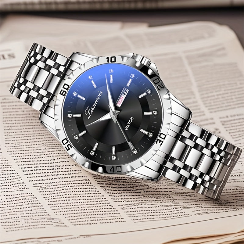 Luxury Men'S Quartz Watch - Sleek Round Dial with Dual Calendar, Luminous, Waterproof, Stainless Steel Band - Ideal Business Gift, Business Gift Watch|Minimalist Timepiece|Luminous Watch Face, Watch Accessories
