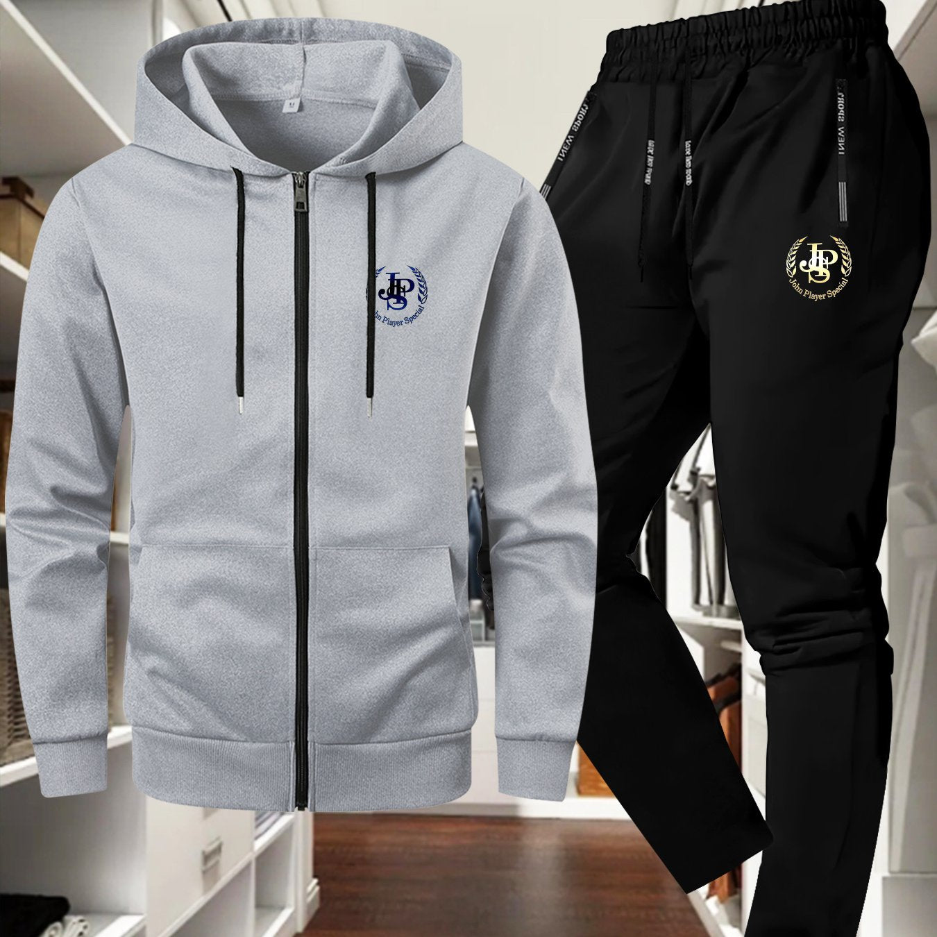 Men'S Trendy Autumn/Winter Jacket and Pants Set, JSP Print, Casual Young Sports Suit, Slim Fit, Long Sleeve, Zip-Up Hoodie with Pockets, Solid Color, Polyester, Casual Wear|JSP Print Jacket|Zippered Jacket, Autumn Clothin