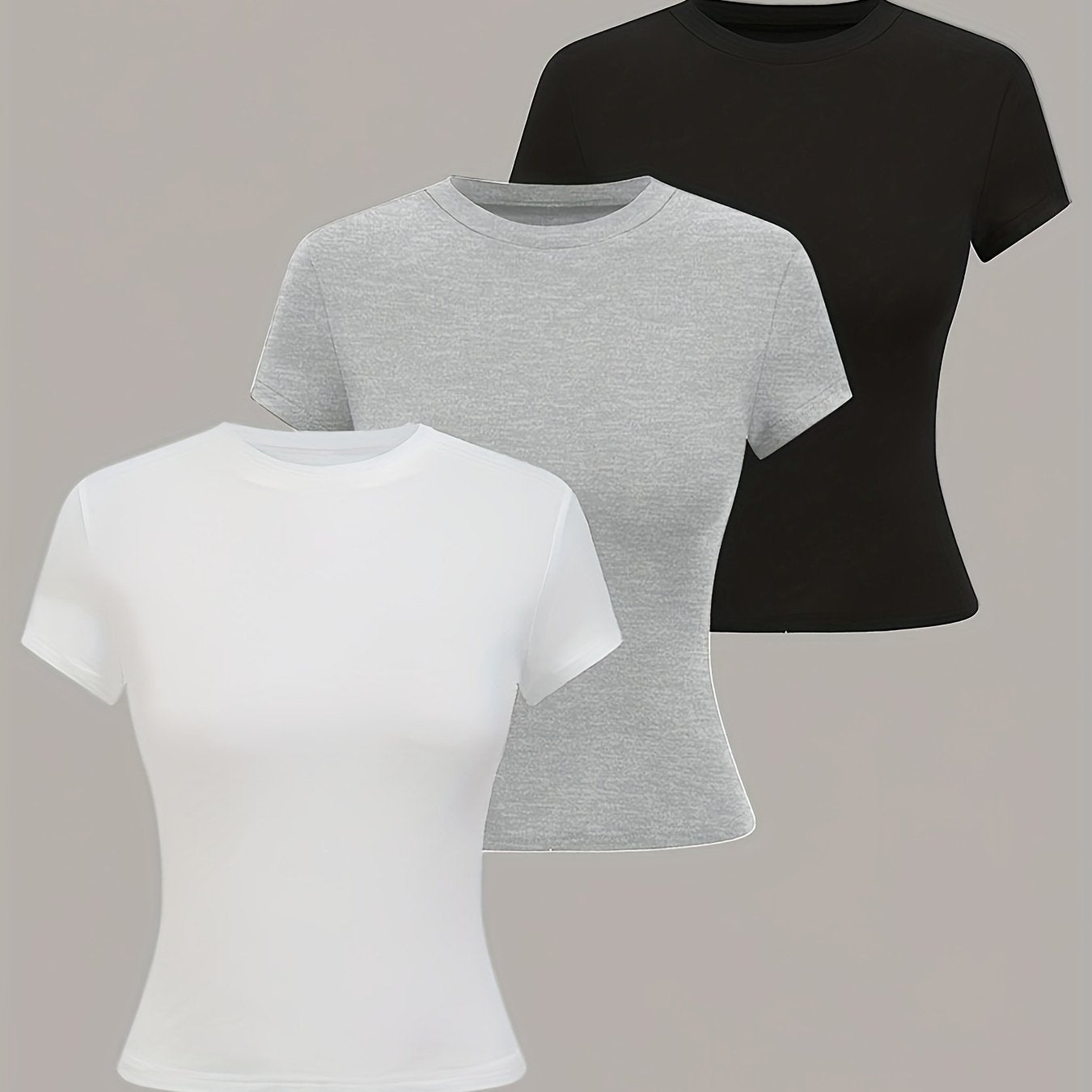 3pcs Women'S Basic Crew Neck Short Sleeve Crop T-Shirts in Black, White, and Gray - Slim Fit, Stretchy Polyester Blend, Cute & Versatile for Spring/Summer, Casual Outings, Vacation Attire | Basic Crop Top | Textur