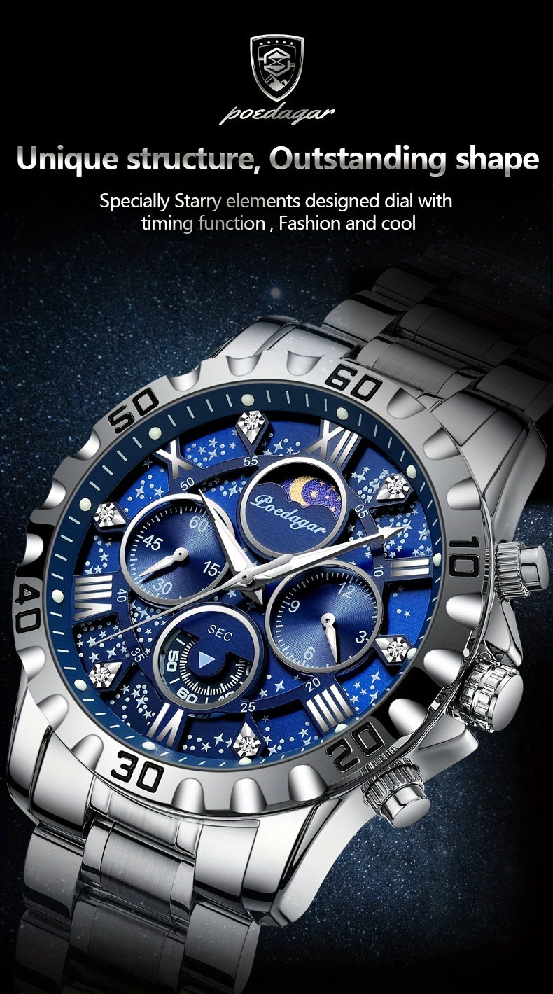 POEDAGAR Men'S Luxury Stainless Steel Quartz Watch with Moon Phase and Calendar - Waterproof, Night-Glow Hands, and Detailed Dial for Business and Formal Attire, Formal Watch | Detailed Watch Face | Quartz Movement