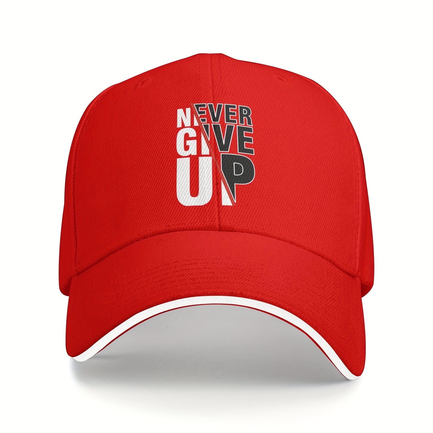 1 Pack Never Give Up Print Baseball Cap - Adjustable Snapback Dad Hat with Breathable Mesh Back, Funky Unisex Trucker Hat for Outdoor Fishing Driving, Black with White & Red Lettering, One Size Fits Most (53.34-63.5 cm)
