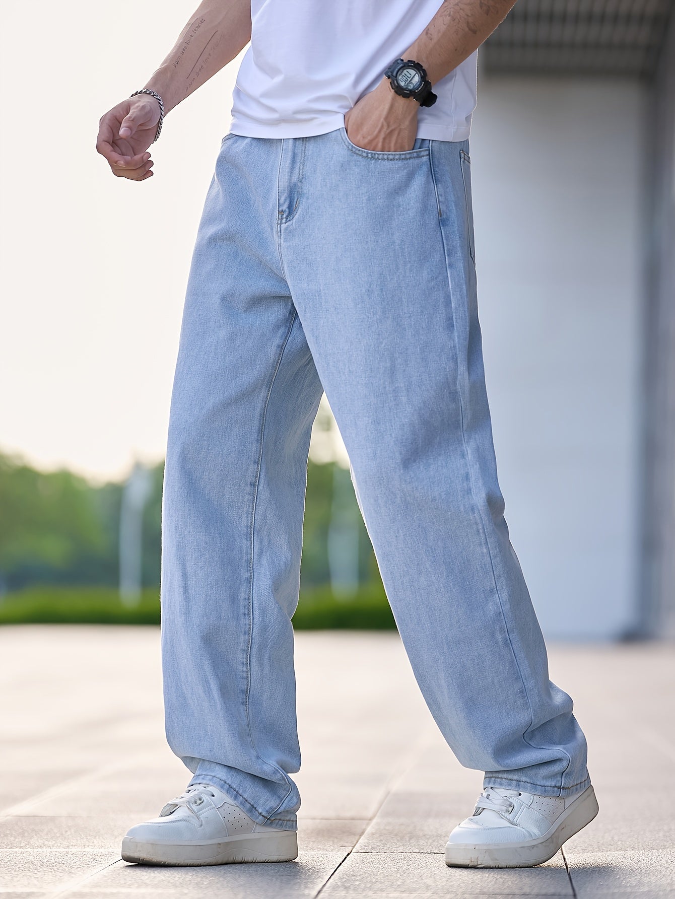 Men's Relaxed Fit Light Blue Denim Jeans - Casual Straight Leg Blend Pants, Machine Washable, Comfortable for Casual Attire, Casual Wear Jeans | Relaxed Fit Jeans | Blend Denim