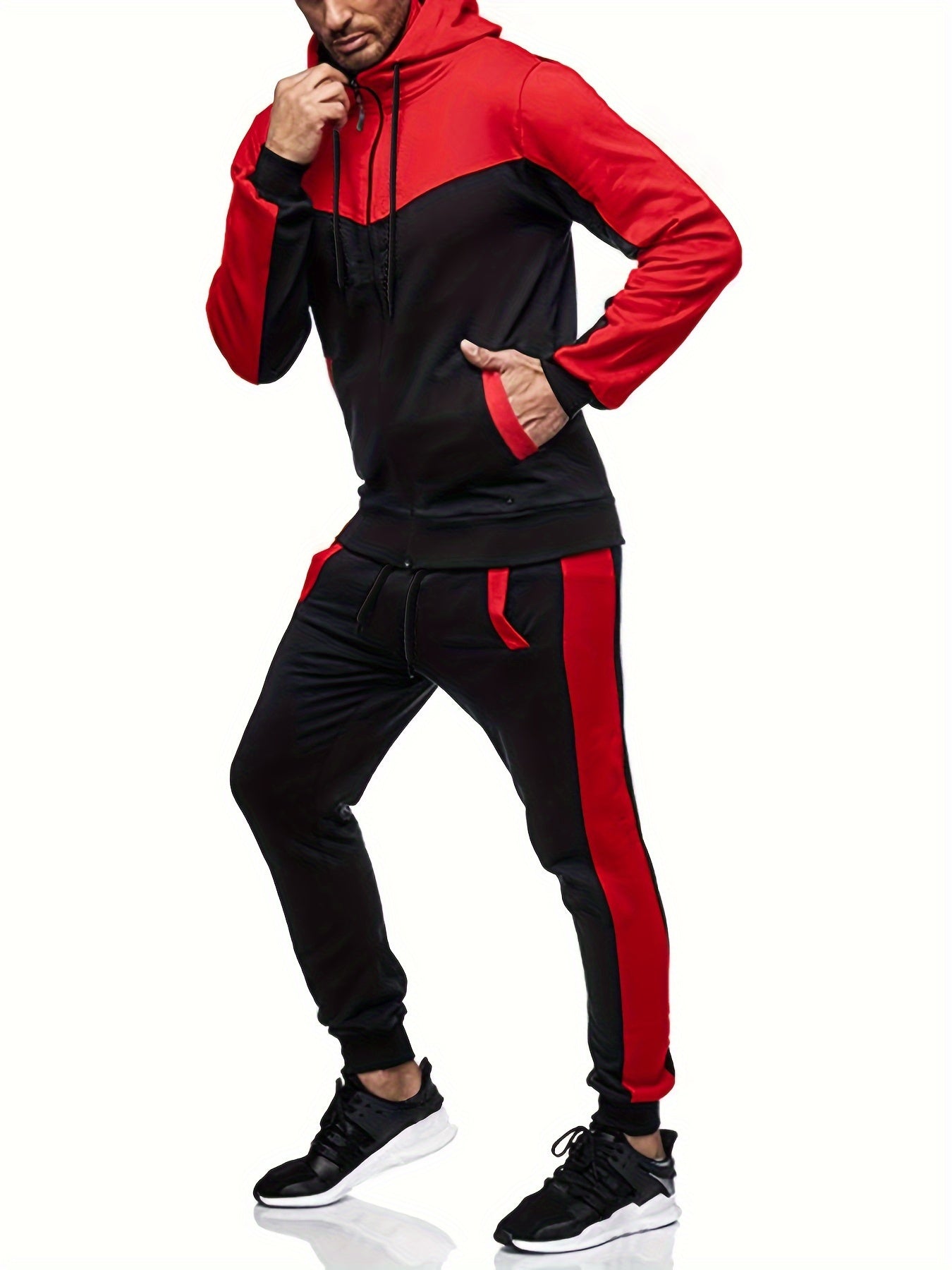 Men'S Casual Hoodie Set for Autumn And Winter, Featuring a Hooded Sweatshirt And a Sporty Cardigan in a Patchwork Design.