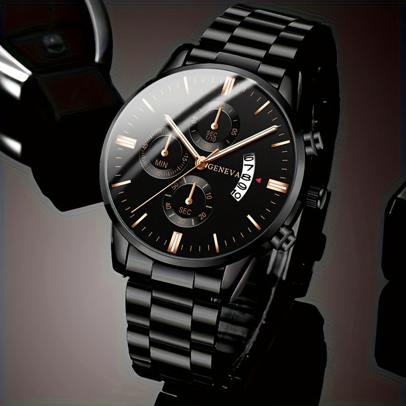 Men'S Business Round Quartz Watch with Calendar Display, Black Stainless Steel Strap, Electronic Movement, Perfect Gift for Valentine'S Day, Easter, Halloween, Ramadan, Birthdays, Christmas