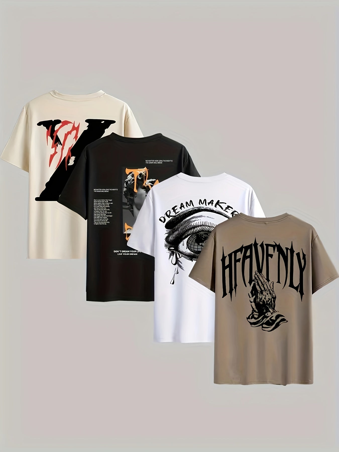 4pcs Men's Casual 3D Graphic T-Shirts - Bold Letter & Abstract Print Short Sleeve Tees, Regular Fit Round Neck, Machine Washable, All-Season Comfort, 4 Color Options, T Shirts Graphic, Edgy Streetwear, Nontransparent Fabric