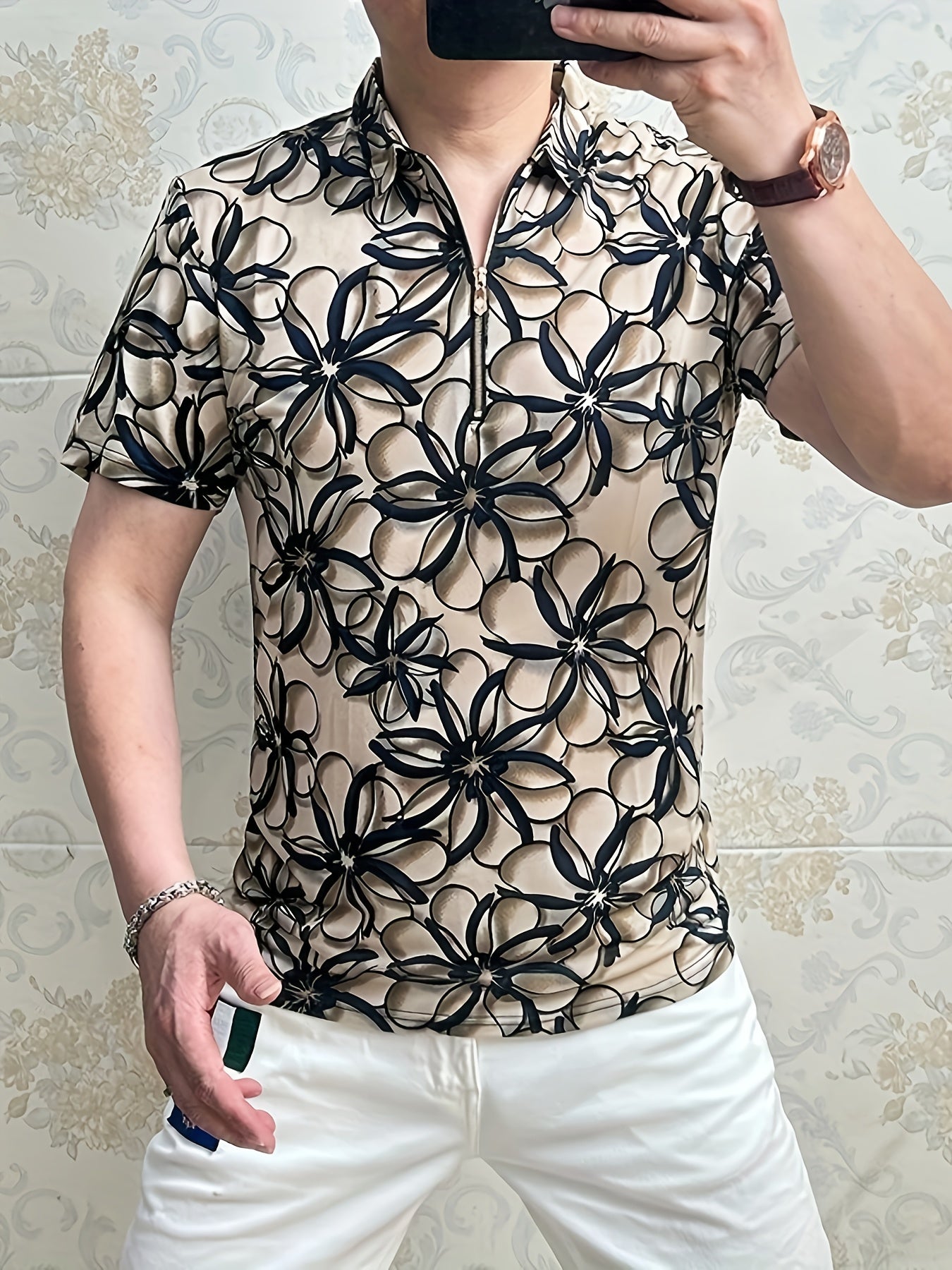 Men'S Lightweight Floral Print Short Sleeve T-Shirt - Stylish Black & Beige Business Casual Top with Zipper Detail, Regular Fit for Summer, Summer Casual Wear | Modern Casual Style | Stylish Button Details