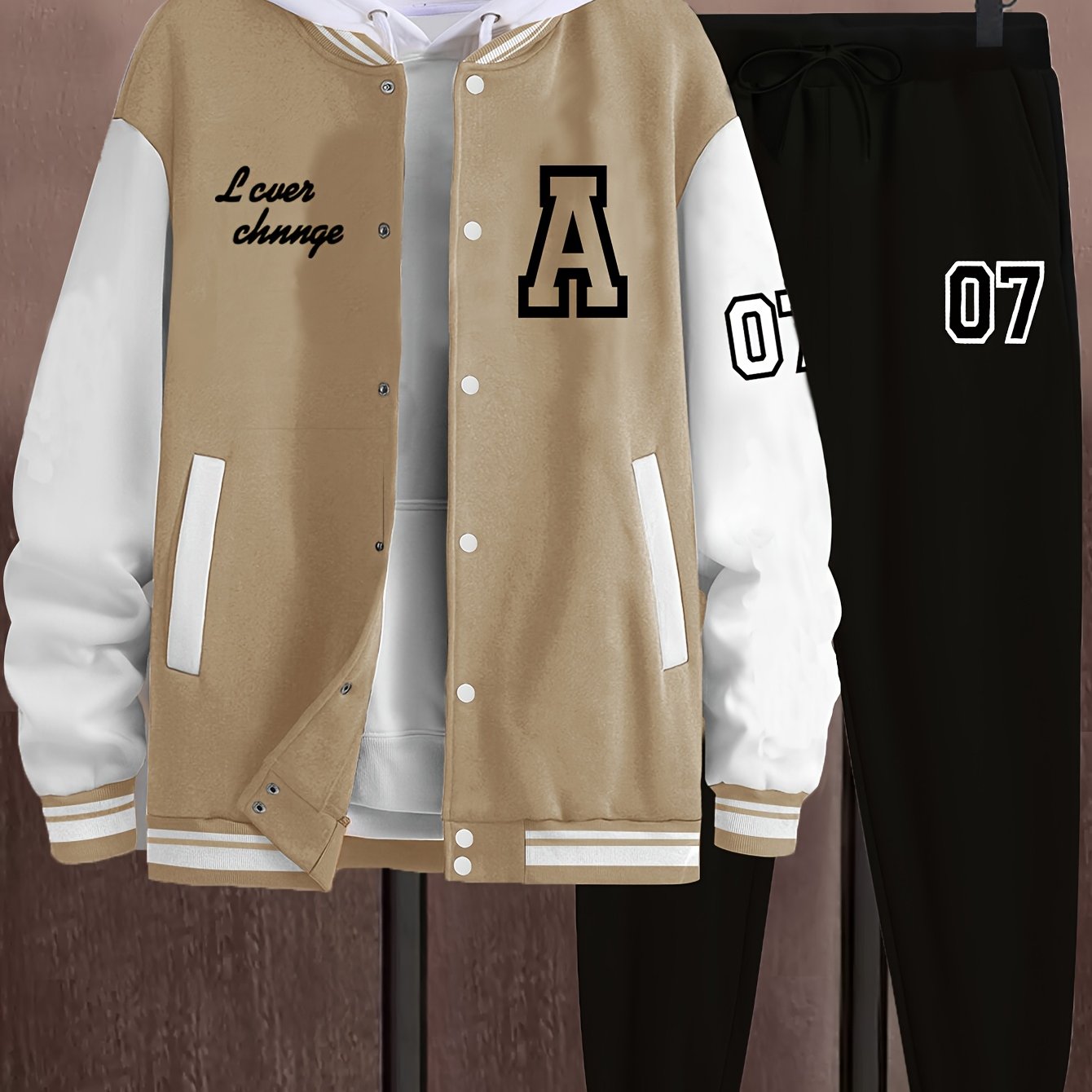 Men'S A07 Sporty Casual Baseball Outfit - Black & White "A" Print Jacket with Pockets, Matching Pants, Polyester Blend, Fall/Winter Wear, Casual Sportswear | Letter Print Jacket | Knit Construction, Baseball Attire