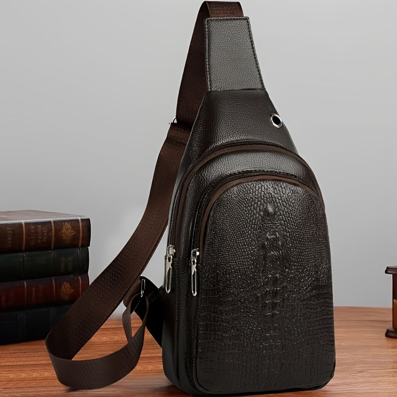 Men's Stylish Black PU Leather Sling Bag - Large Capacity Lightweight Crossbody Chest Pack with Embossed Design & External Earphone Hole for Casual Outings, Crossbody Bag