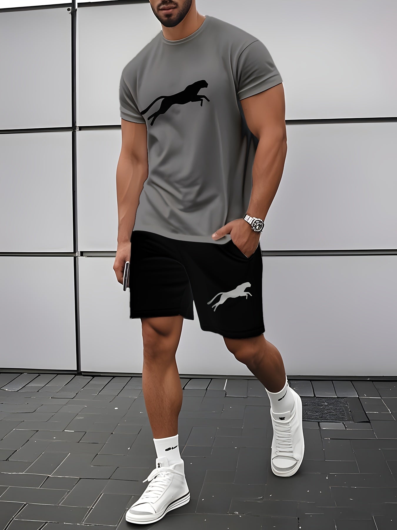 Leopard Print 3D Printed Men's Casual Sportswear Set - Breathable Polyester Knit Fabric, Crew Neck Short Sleeve T-Shirt and Shorts Combo, Regular Fit for All Seasons