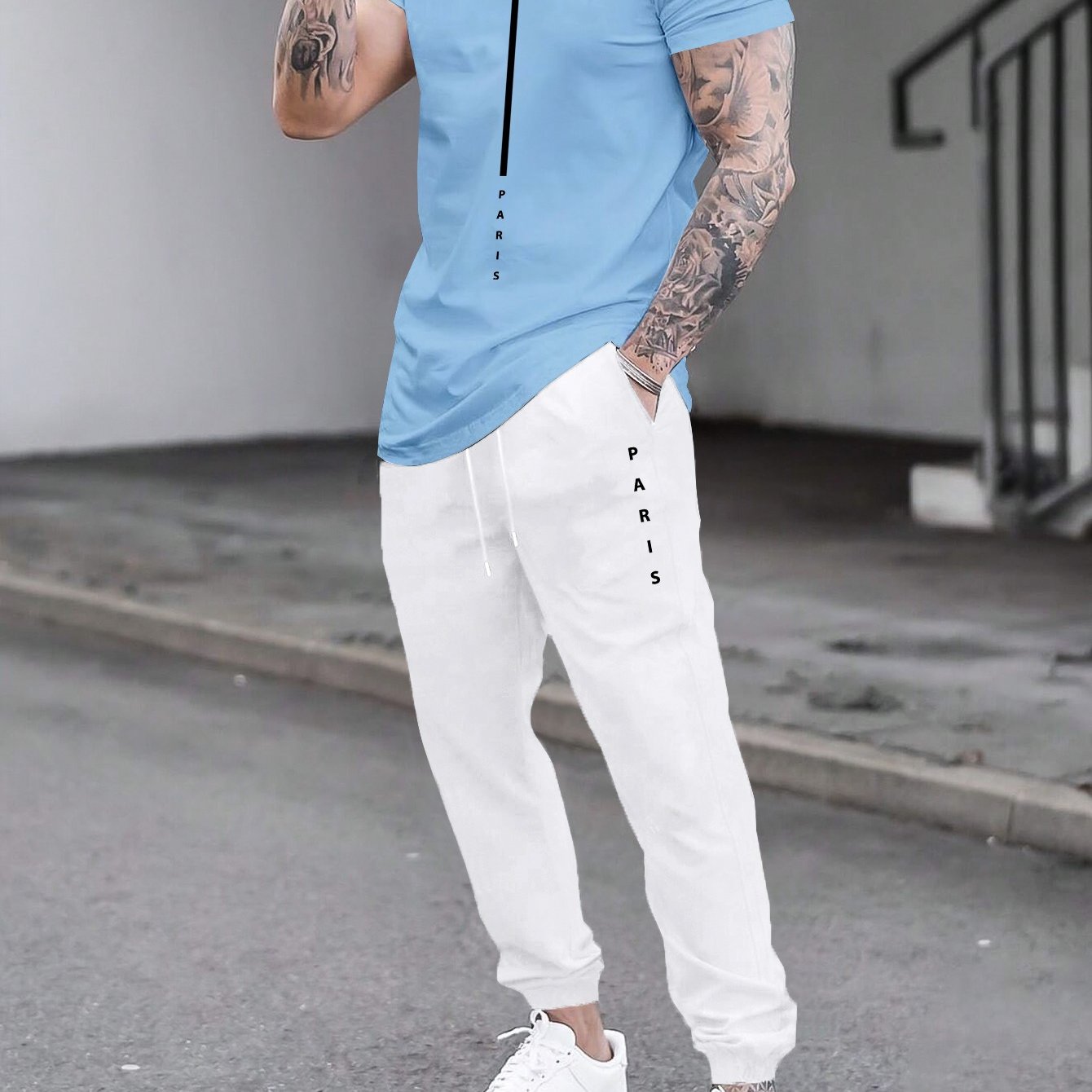 1set Men'S Casual Sportswear Set, Geometric Pattern Short Sleeve T-Shirt and Drawstring Joggers, Knitted Polyester and Elastane Blend, Round Neck, Regular Fit, Four Seasons Outfit