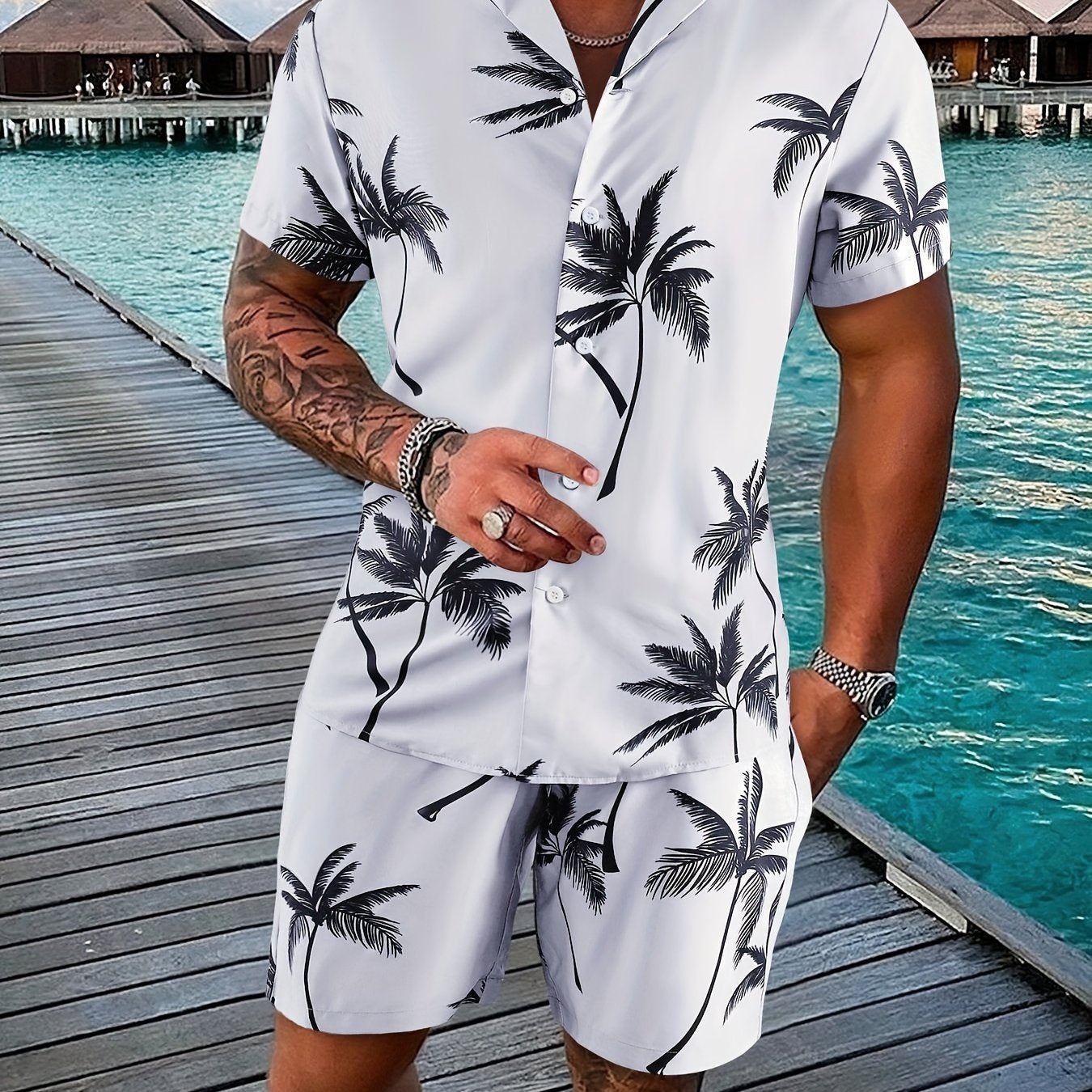 Men'S Summer Tropical Palm Tree Print Pajama Set, Polyester 100% Short Sleeve Shirt & Drawstring Waist Shorts, Vacation Style Lapel Collar, Non-Stretch Woven Fabric, Regular Fit - 120gsm