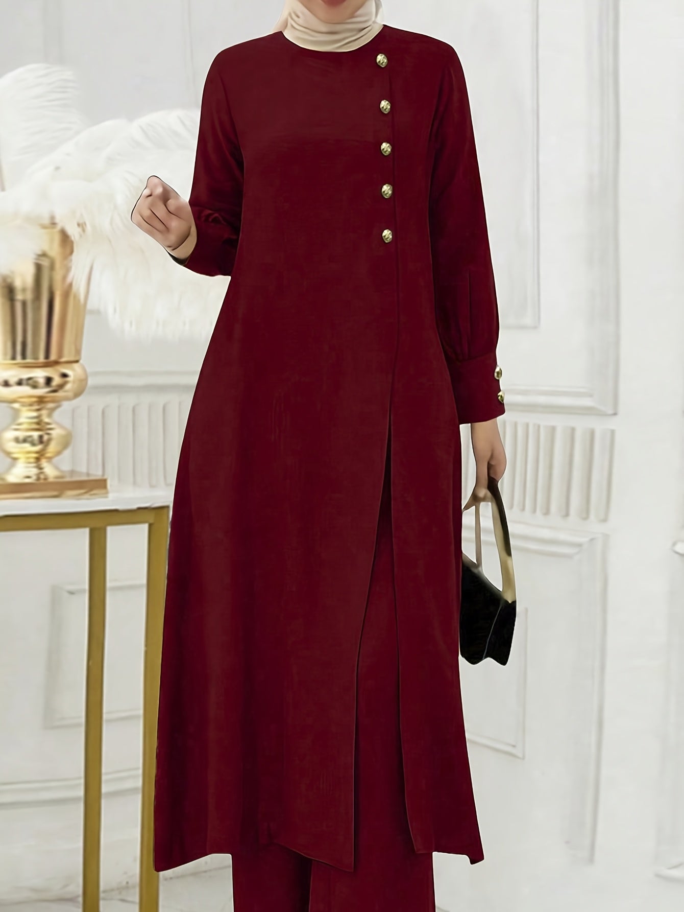 Ramadan, Women's Front-Button Long Sleeve Slit Dress & Pants Casual Arabic Style 2pcs Set, Only Clothes, Without Headscarf