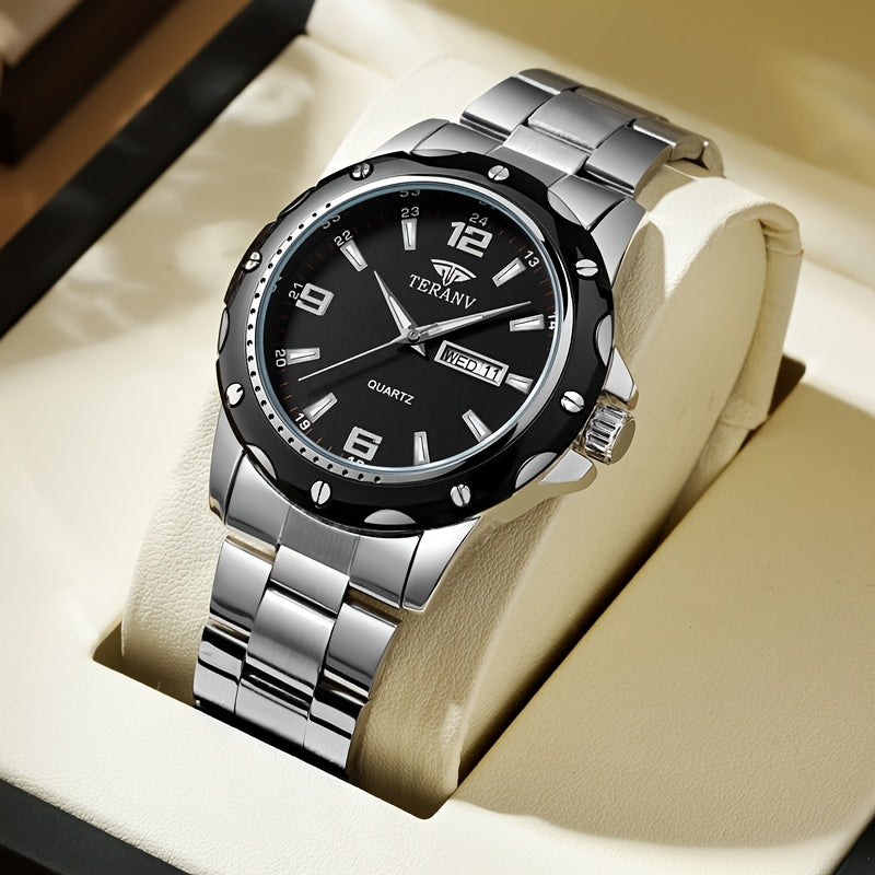 Elegant Men's Stainless Steel Quartz Watch - IPX7 High Quality, Luminous Hands, Date & Day Display, Business Casual Sporty Design for Everyday & Water Activities, Versatile Wristwatch, Sleek Strap Design, Glowing Markers