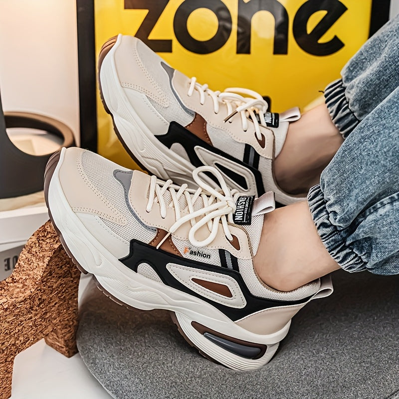 Men's Fashion Sneakers - White/Black/Brown PU Upper, Breathable Fabric Lining & Cushioned EVA Insole, Durable PVC Sole, Lace-Up Mid-Top Design for All-Season Casual & Daily Wear, High Top Sneakers, Versatile Footwear, Modern