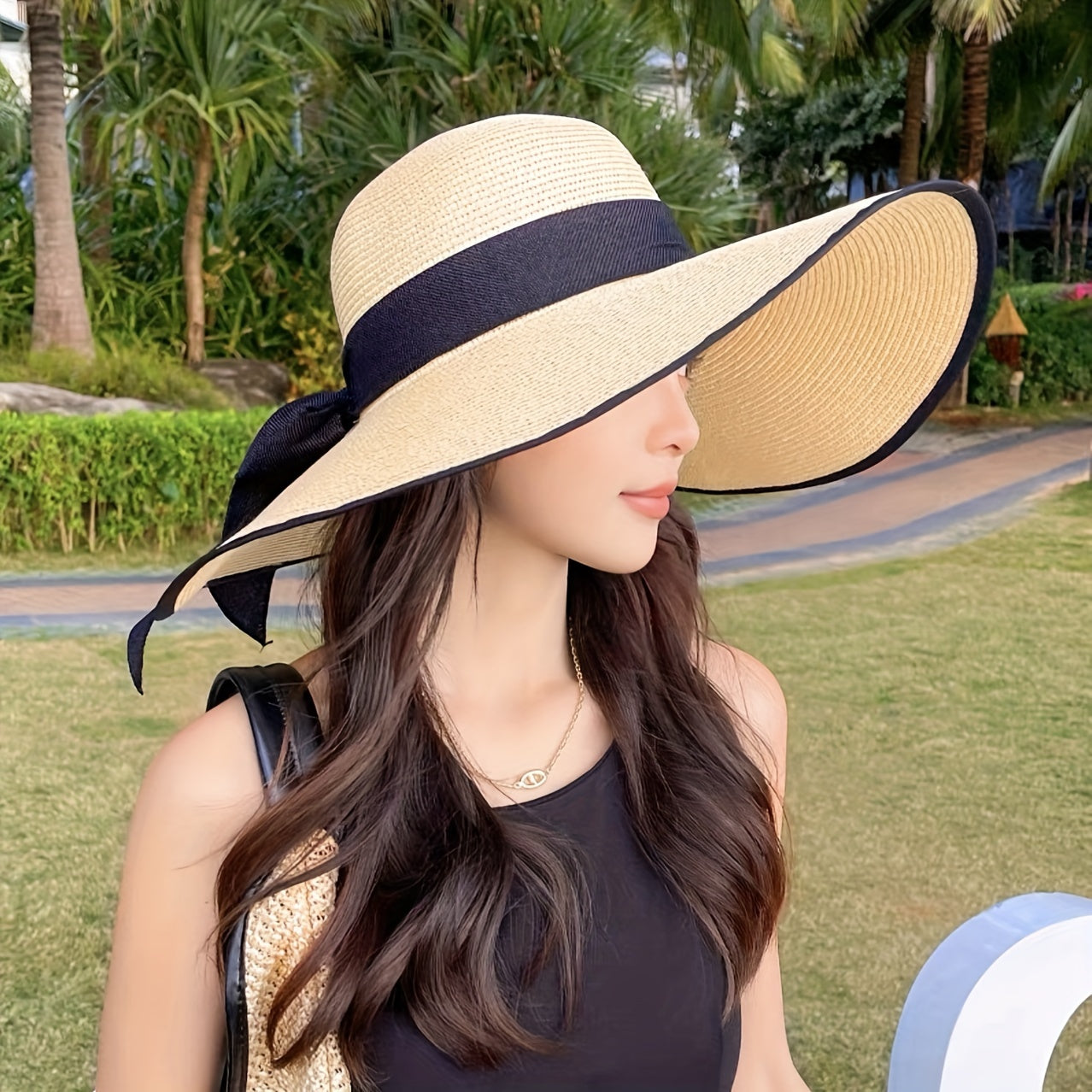 Chic Wide Brim Straw Sun Hat for Women - Summer Beach & Travel Cap with Adjustable Drawstring, Breathable Paper Material