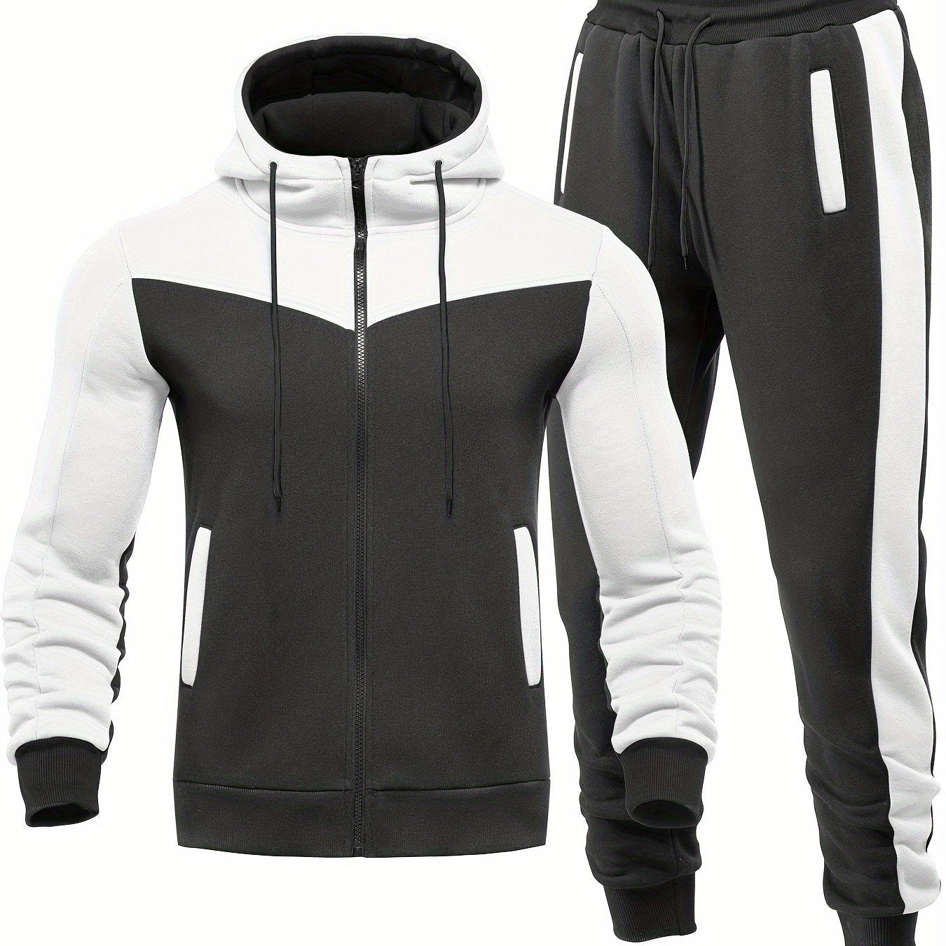 Men'S Casual Hoodie Set for Autumn And Winter, Featuring a Hooded Sweatshirt And a Sporty Cardigan in a Patchwork Design.