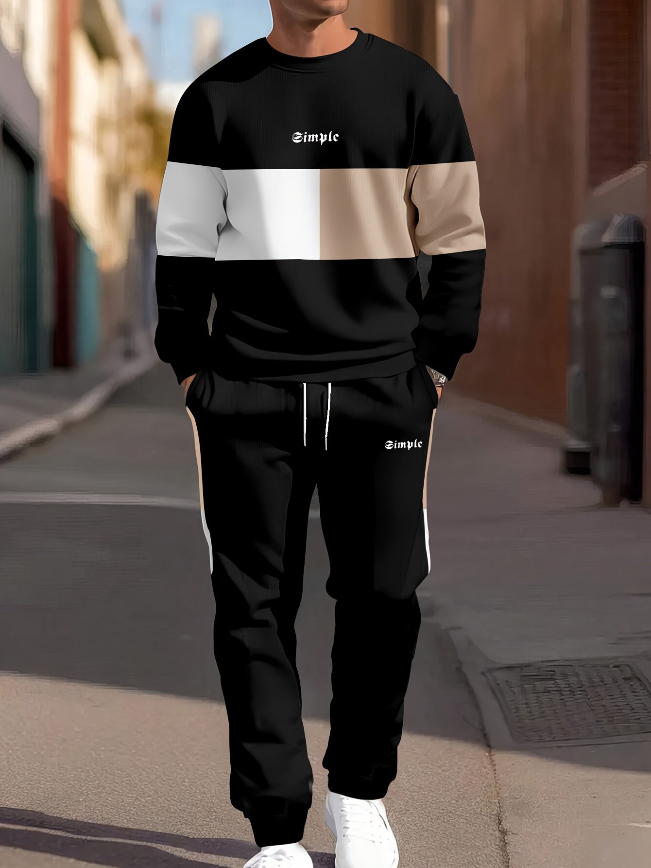 Men's Casual Crew Neck Sweatshirt & Joggers Set - Color Block, Polyester Blend, Machine Washable - Perfect for Spring/Fall, Leisure Style, Conventional Version, Spring/Autumn