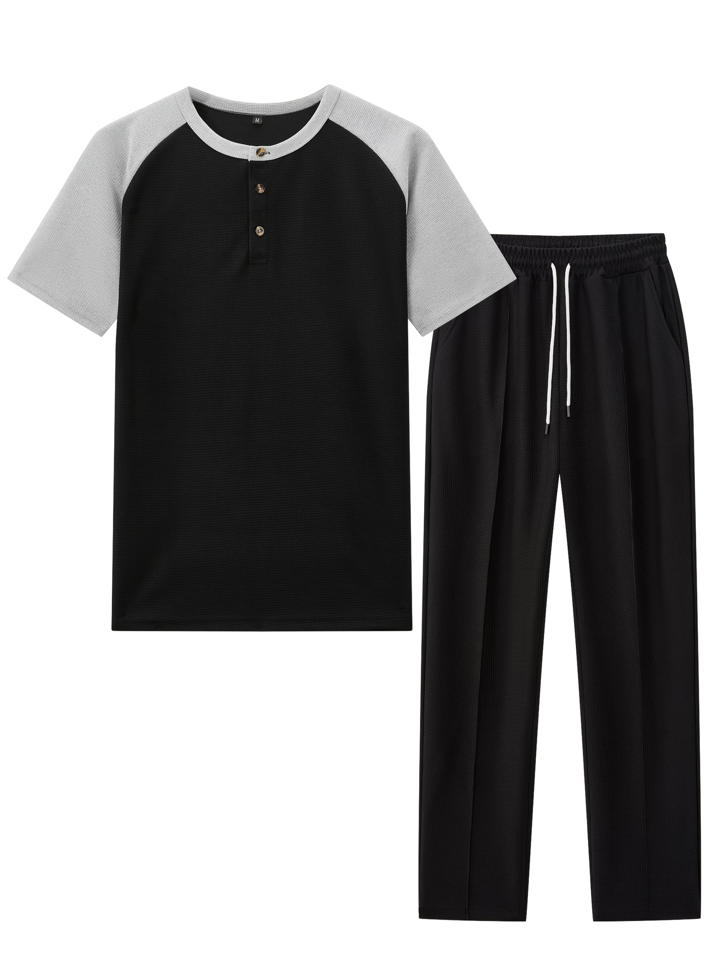 Men's Casual Mixed Color Spliced Set: Shirt and Drawstring Pants, Clean and Comfortable