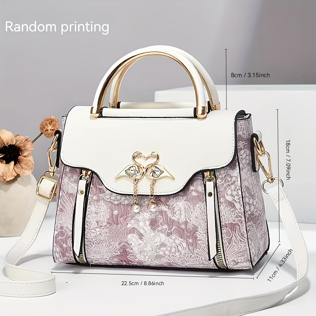 Elegant Handbag for Wo, Geometric Print, Multi-Layered Fashion Handbag with Zipper Closure, Polyester Lined, Edge Paint Detail, Versatile for Various Occasions - Blue/White/Pink/Black